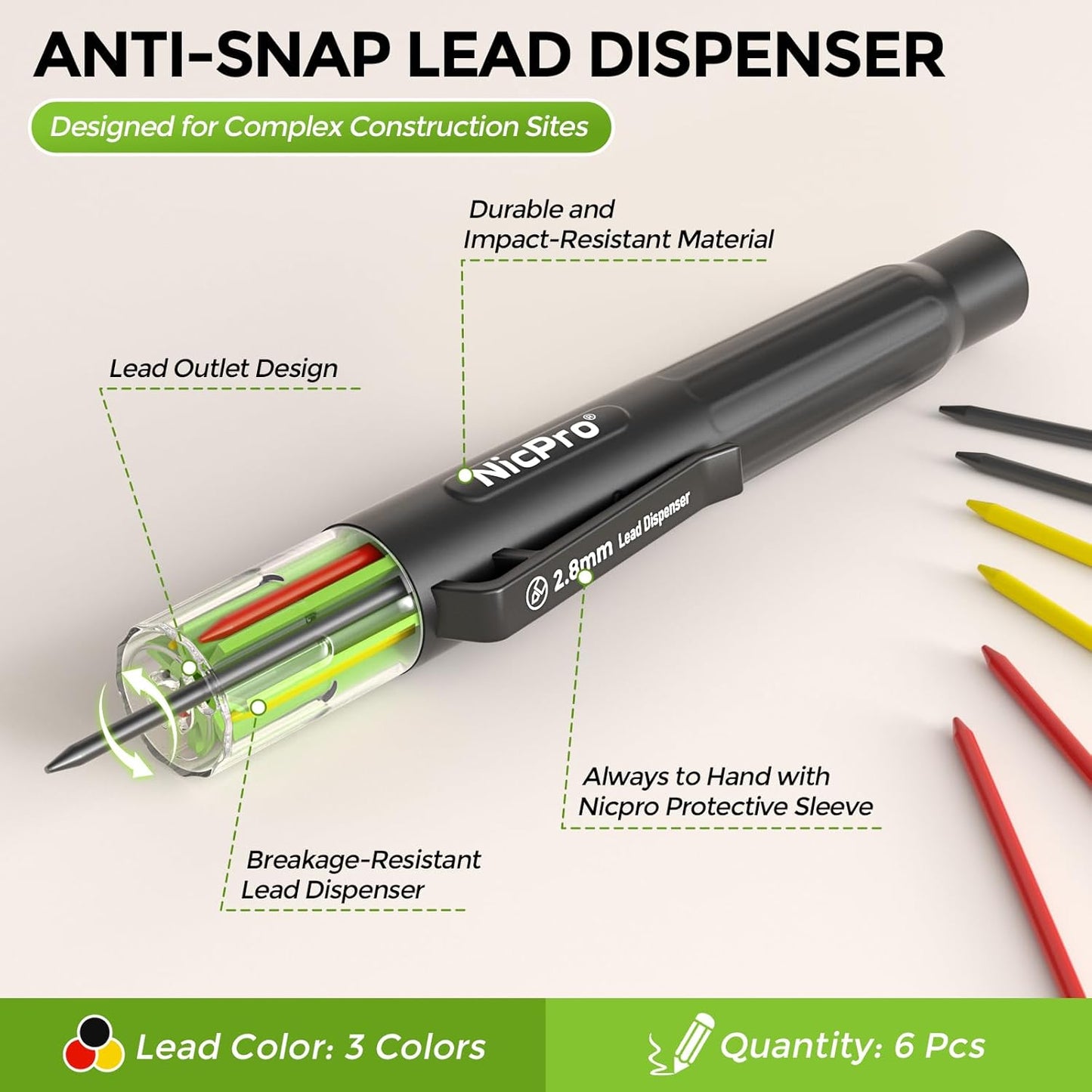 Nicpro Carpenter Pencil with Sharpener, CP3000 Construction Pencils with 6 Refills in a Lead Dispenser, Deep Hole Mechanical Pencil for Construction, Heavy Duty Carpenter Tools for Woodworking Marking