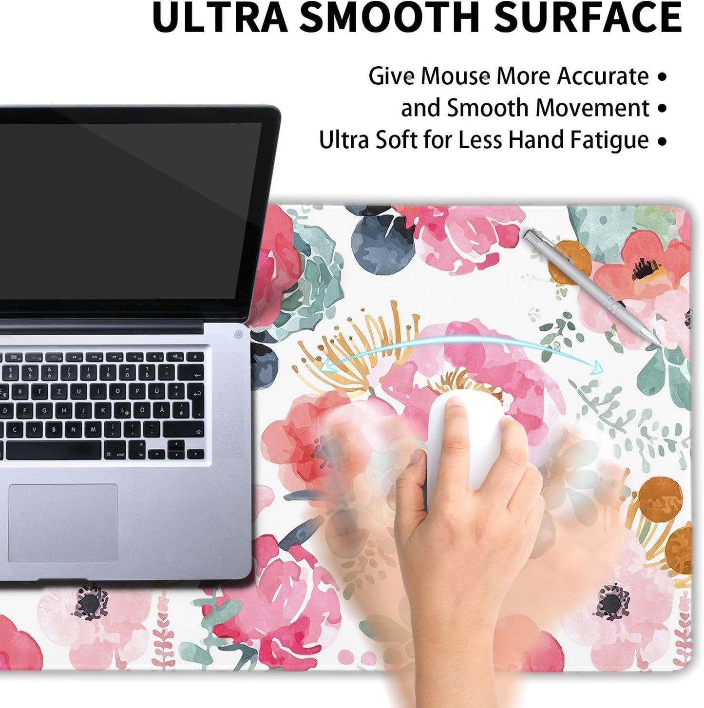 Pink Green Flowers Gaming Mouse Pad XXL Cute Watercolor Floral Pretty Extended Desk Pad Trendy Pastel Large Mousepad Non-Slip Rubber Base Stitched Edge Long Table Mat for Desktop, 35.4 x 15.7 inch