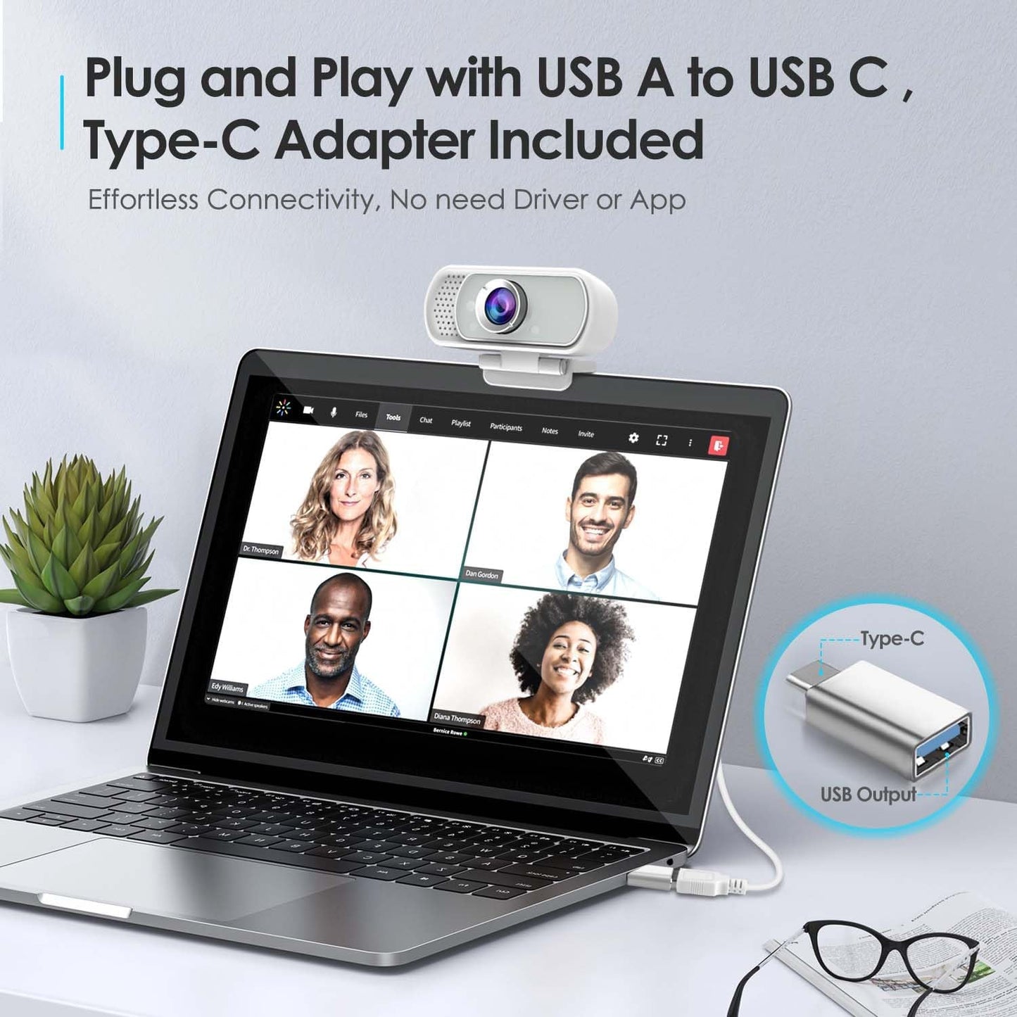 Webcam with Tripod Privacy Shutter: 1080P FHD Web Camera with Mic, Plug & Play USB A USB C Webcam with Stand, White Wide Angle Noise-Canceling Microphone Compact Web Cam for Online Meeting Classes