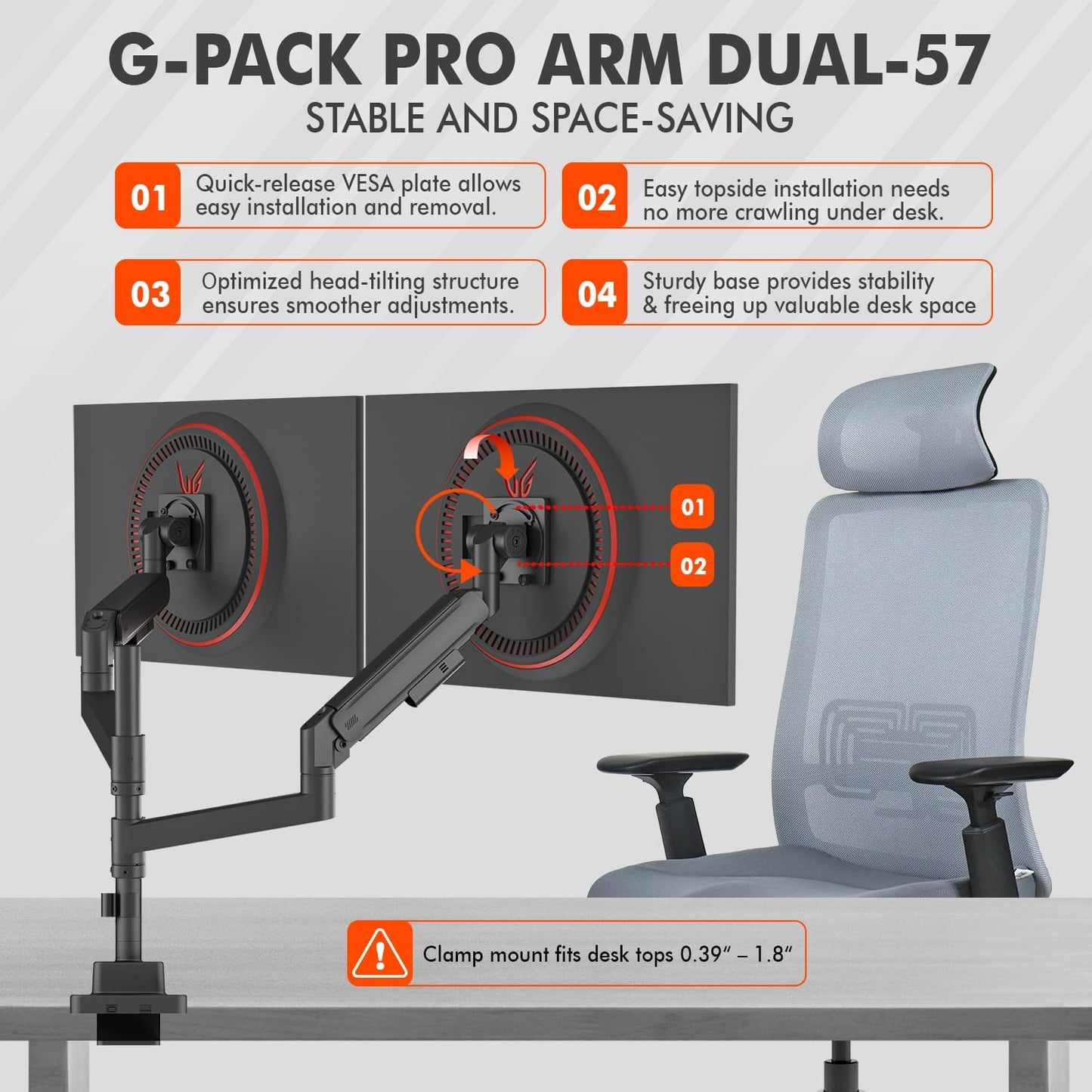Dual Monitor Arm for 17-57 Inch Ultrawide Screens – Heavy Duty Monitor Arm Desk Mount – VESA Mount with Clamp and Grommet Base – Holds Up to 59.4 lbs. Each