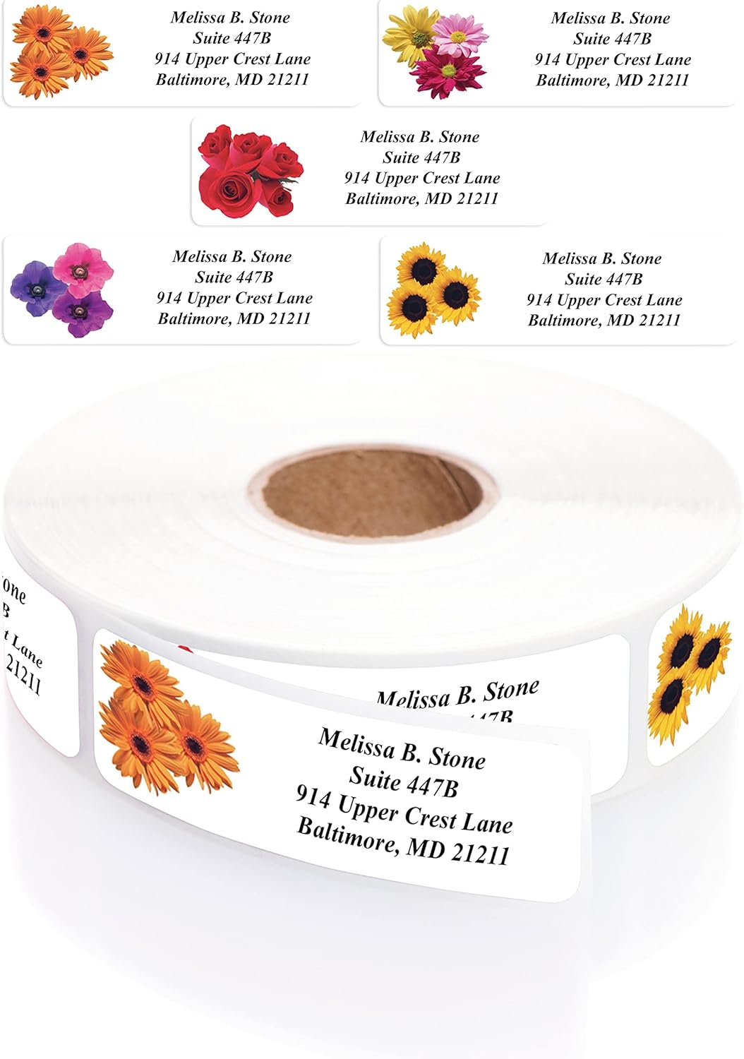 Floral Posy Assorted Rolled Address Labels with Elegant Plastic Dispenser - Lumora Desk
