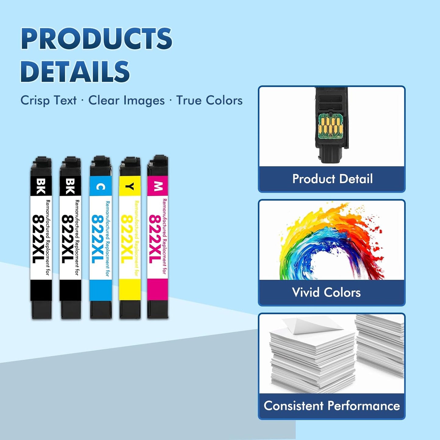 822XL 822 WF-3820 Printer Ink Cartridges Remanufactured Replacement for Epson 822XL Ink Cartridges Combo Pack for Epson 822 XL for Workforce Pro WF-4830 WF-4833 WF-4820 WF-4834 WF-3823 (5 Pack)