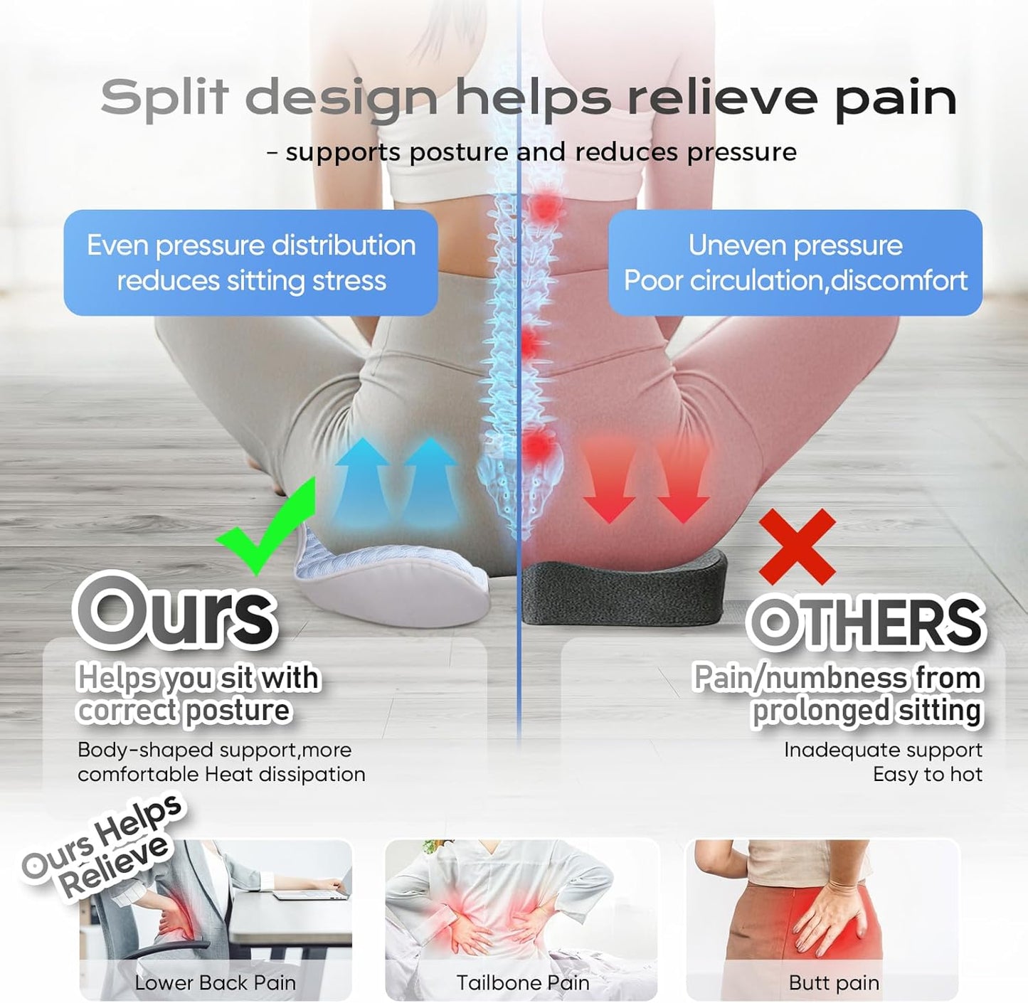 Seat Cushion for Tailbone Pain Relief X-Large ,Ergonomic Office Chair Cushions for Butt Hip Lower Back & Sciatica Pain Relief Pillow,Pressure Relief Seat Cushion for Long Sitting, Car & Plane（Blue)