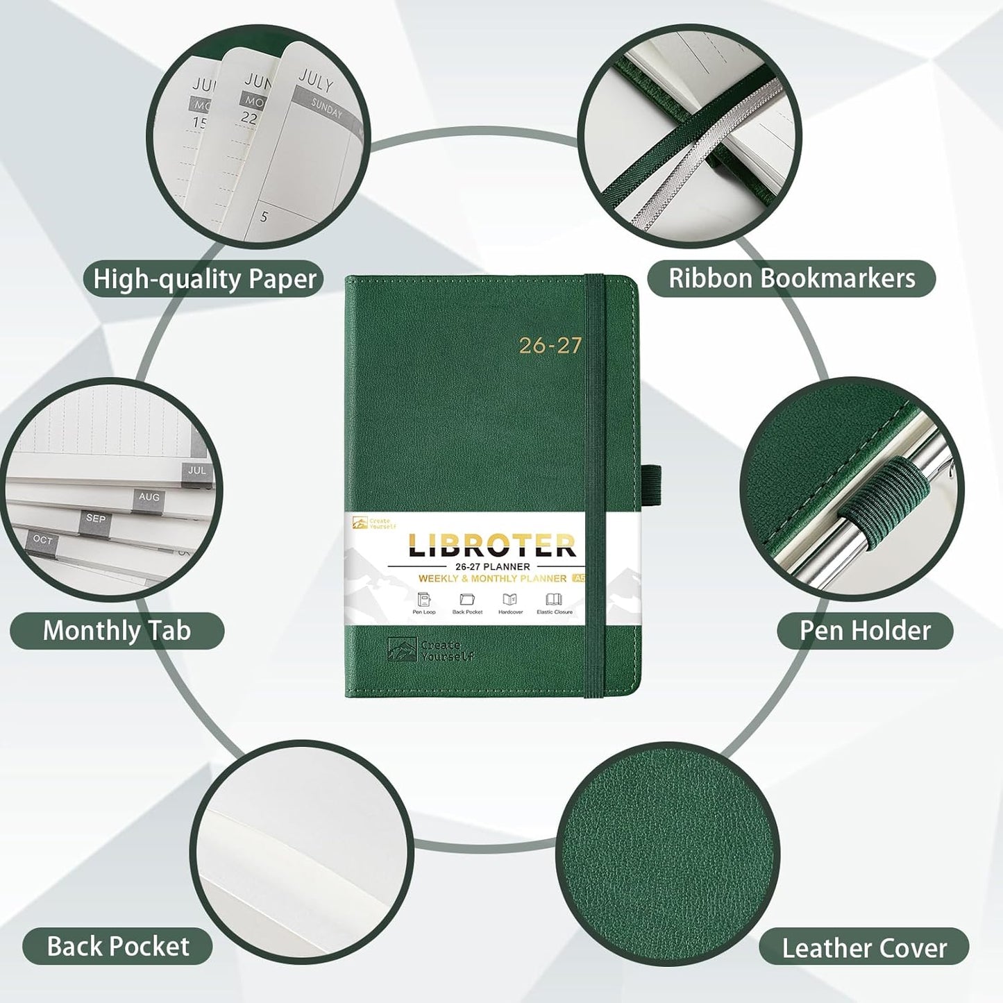 2026-2027 Planner - Academic Planner 2026-2027 Weekly Monthly Planner, July 2026 - June 2027, 5.7'' x 8.4'', Thick Paper, Leather Cover, Pen Holder, Back Pocket, Perfect Daily Organizer - Dark Green
