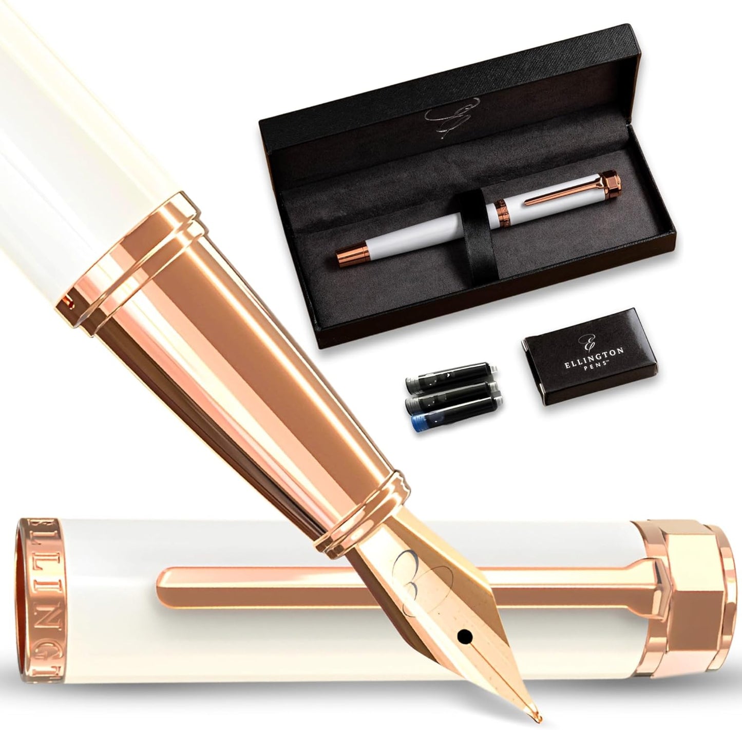 Luxury Fountain Pen Set- Fountain Pens for Writing - Smooth Extra Fine Nib - Includes Refillable Ink Converter, 3 Ink Cartridges [Black & Blue], Gift Box - Elegant Calligraphy