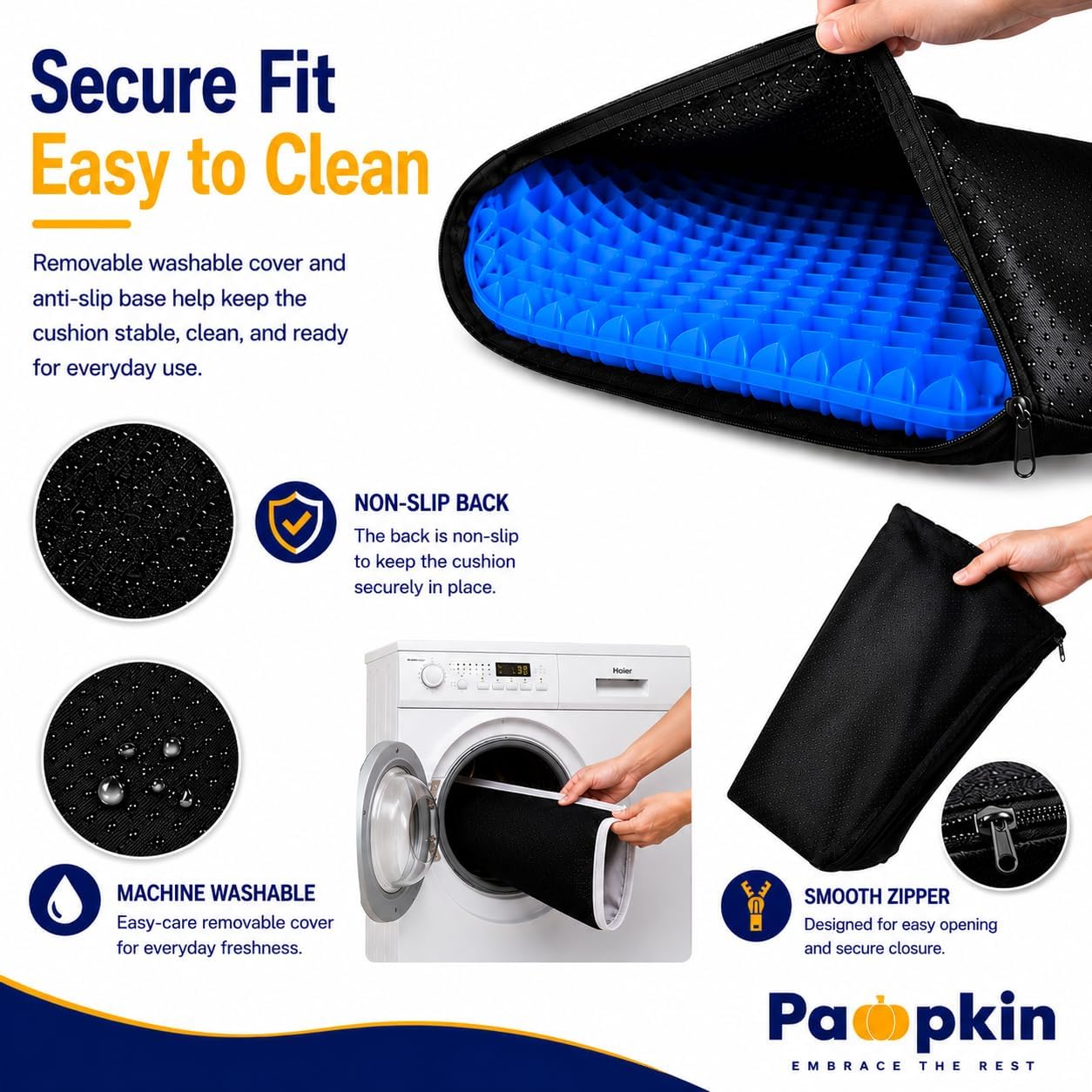 Pampkin Gel Seat Cushion for Long Sitting | Ergonomic Coccyx & Tailbone Support for Sciatica, Hip & Lower Back Pain | Breathable, Washable Cover | Ideal for Office, Car, Wheelchair, Stadium & Plane