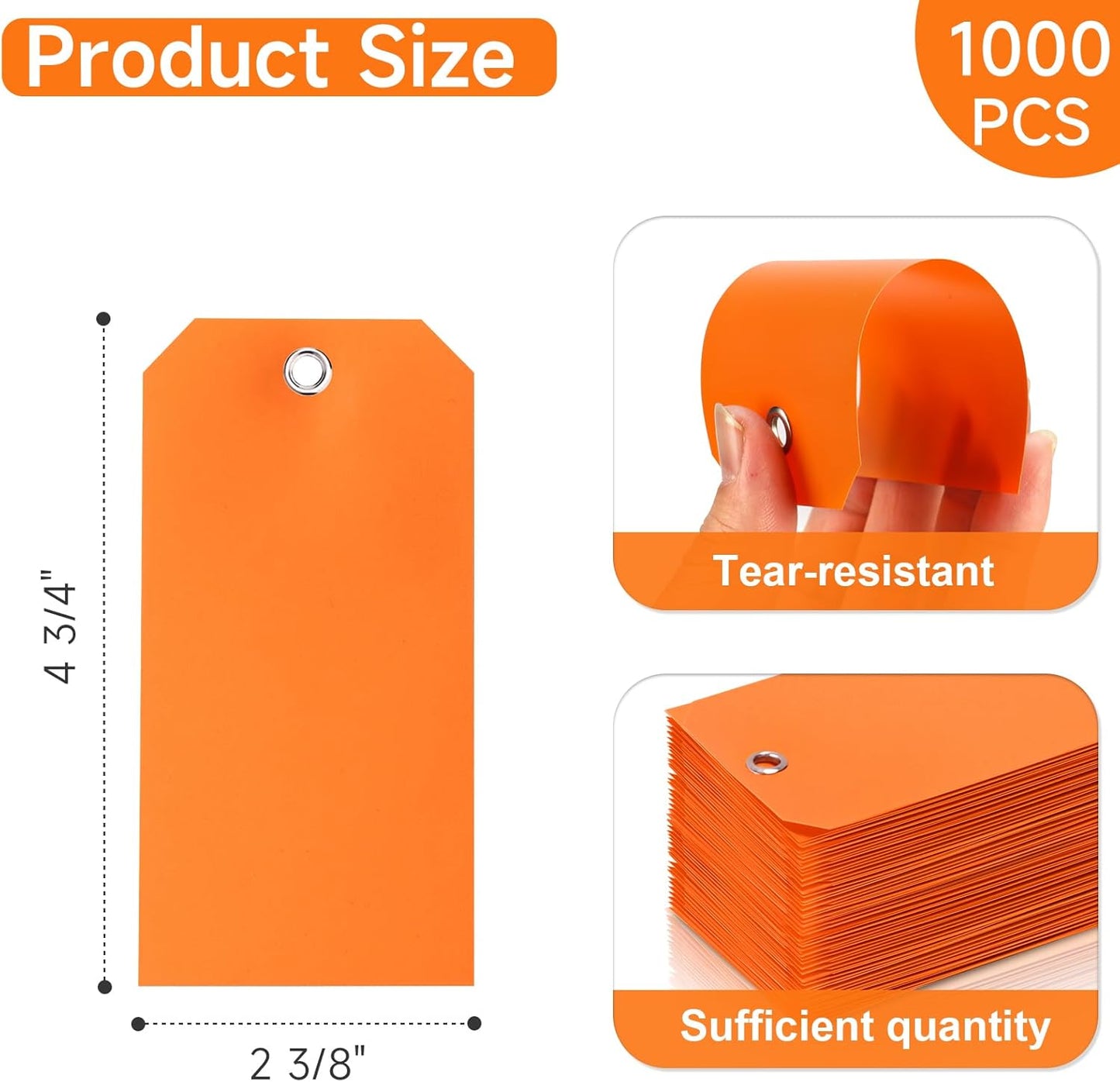 1000 Pieces 4 3/4" x 2 3/8" Plastic Shipping Tags Labeling Tags Waterproof Hang Tags with Reinforcement Hole Writable Luggage tag Loops for Equipment Car Parts… (Orange)