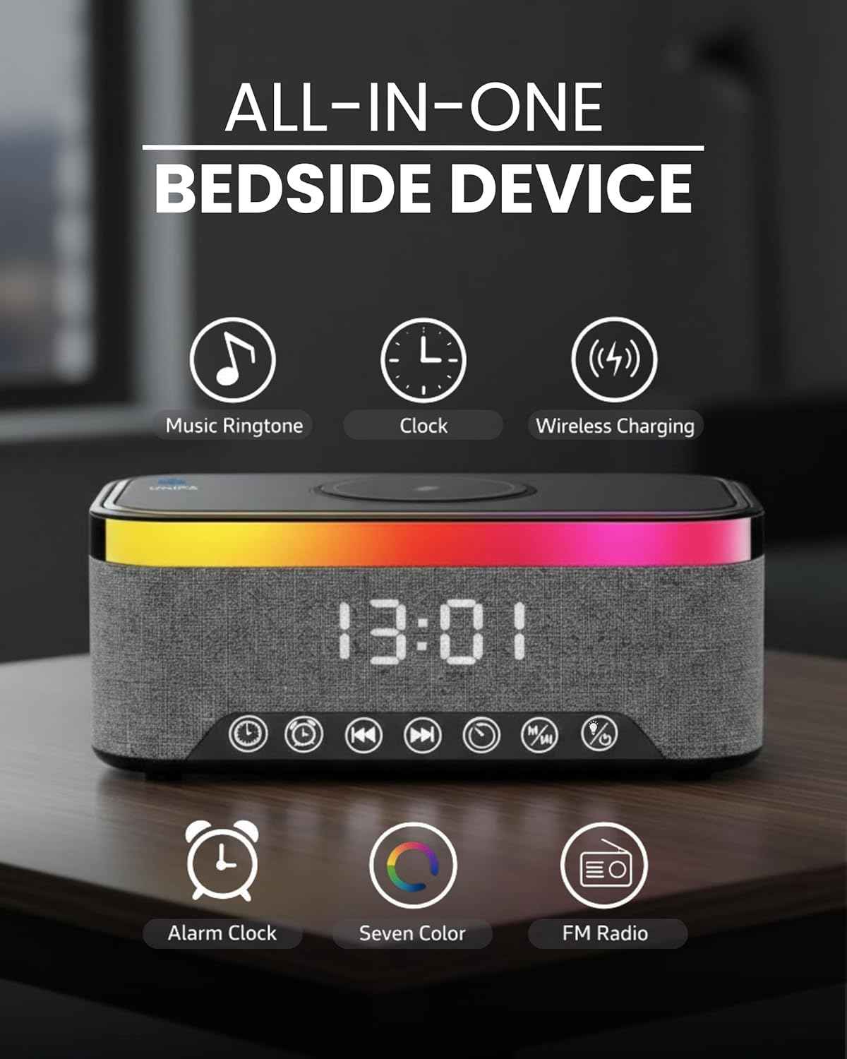 Wireless Charging Alarm Clock with Bluetooth Speaker, FM Radio, Night Light, Dual Alarm, USB Charger, LED Bedside Clock