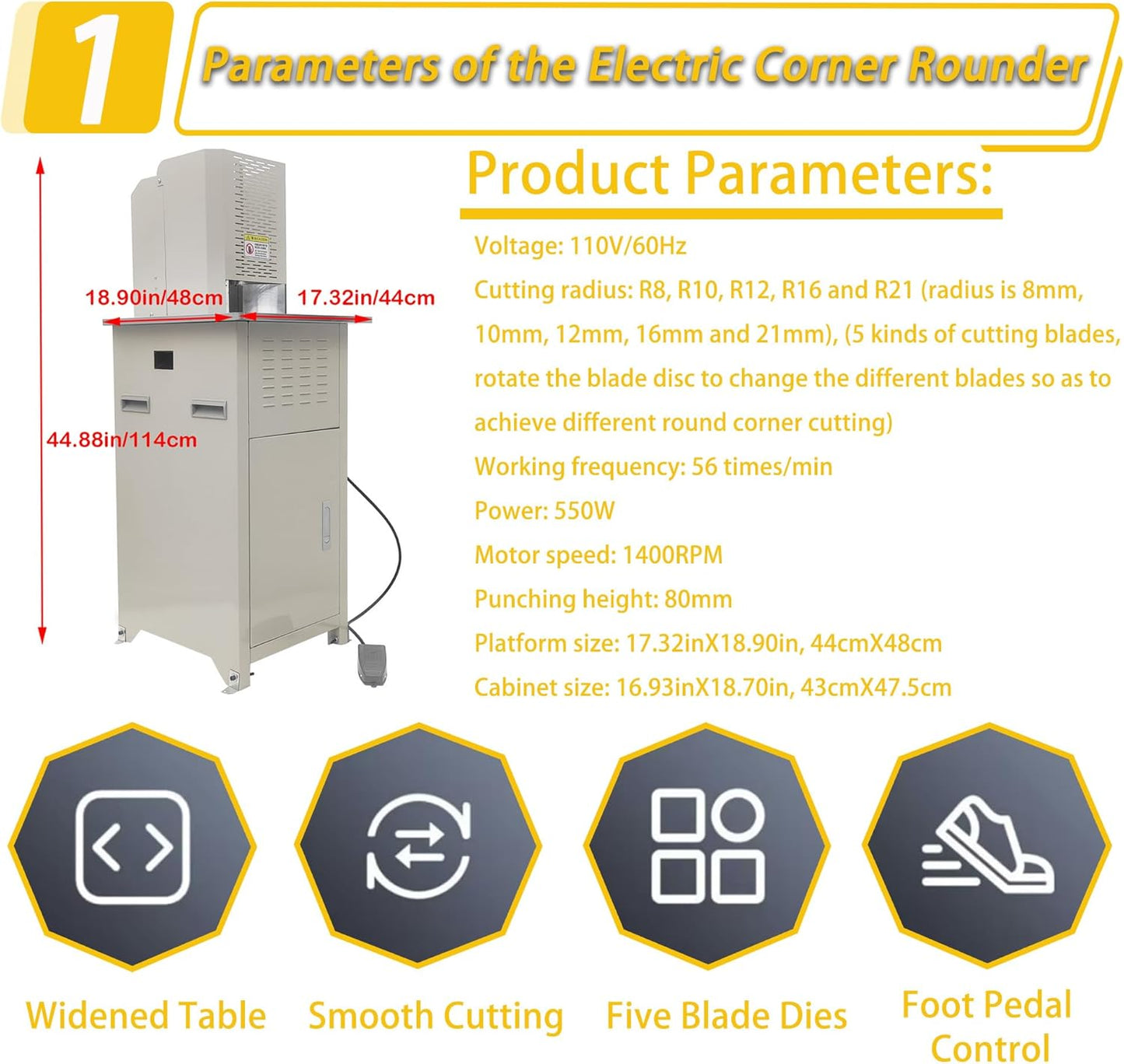 Electric Round Corner Cutter Machine with 5 Blades (8/10/12/16/21mm Radius) Foot Pedal Operation Safety Guard Heavy Duty Paper Corner Rounder for Paper Cardstock Leather Plastic