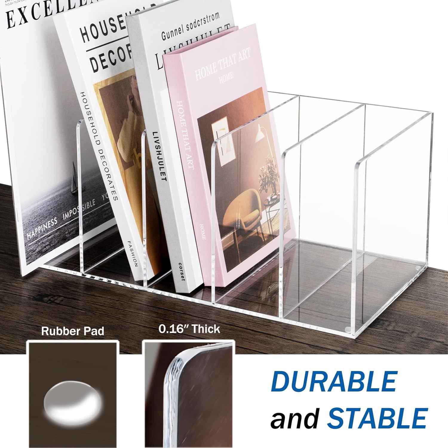 Acrylic Magazine File Holder with 5 Vertical Compartments, Clear Desk Organizer and Magazine Storage Rack File Organizer Bookshelf for Office Desktop Accessories, Home Workspace