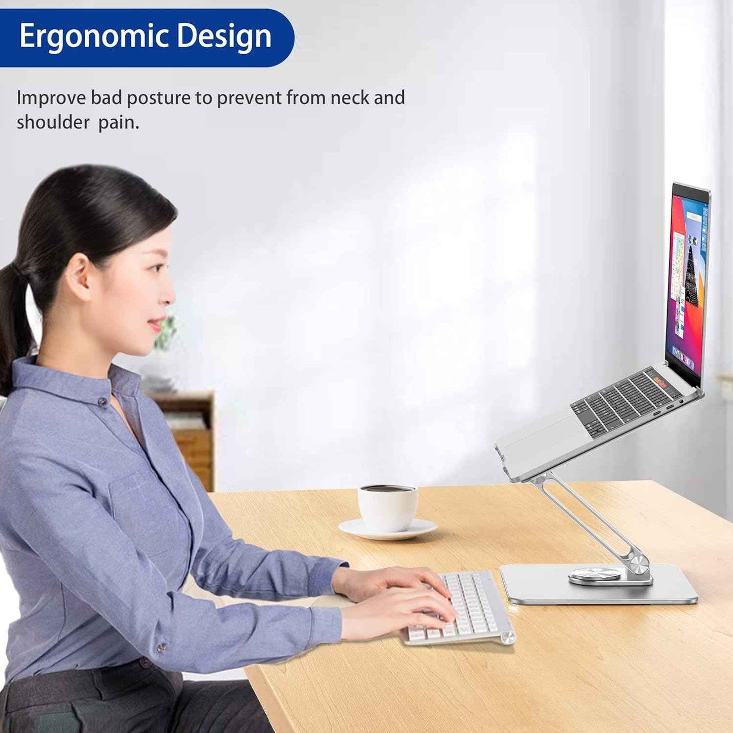 BESIGN LSX7 Laptop Stand with 360 Rotating Base, Ergonomic Adjustable Notebook Riser, Foldable Computer Holder Compatible with 10-15.6" Laptops (Silver)