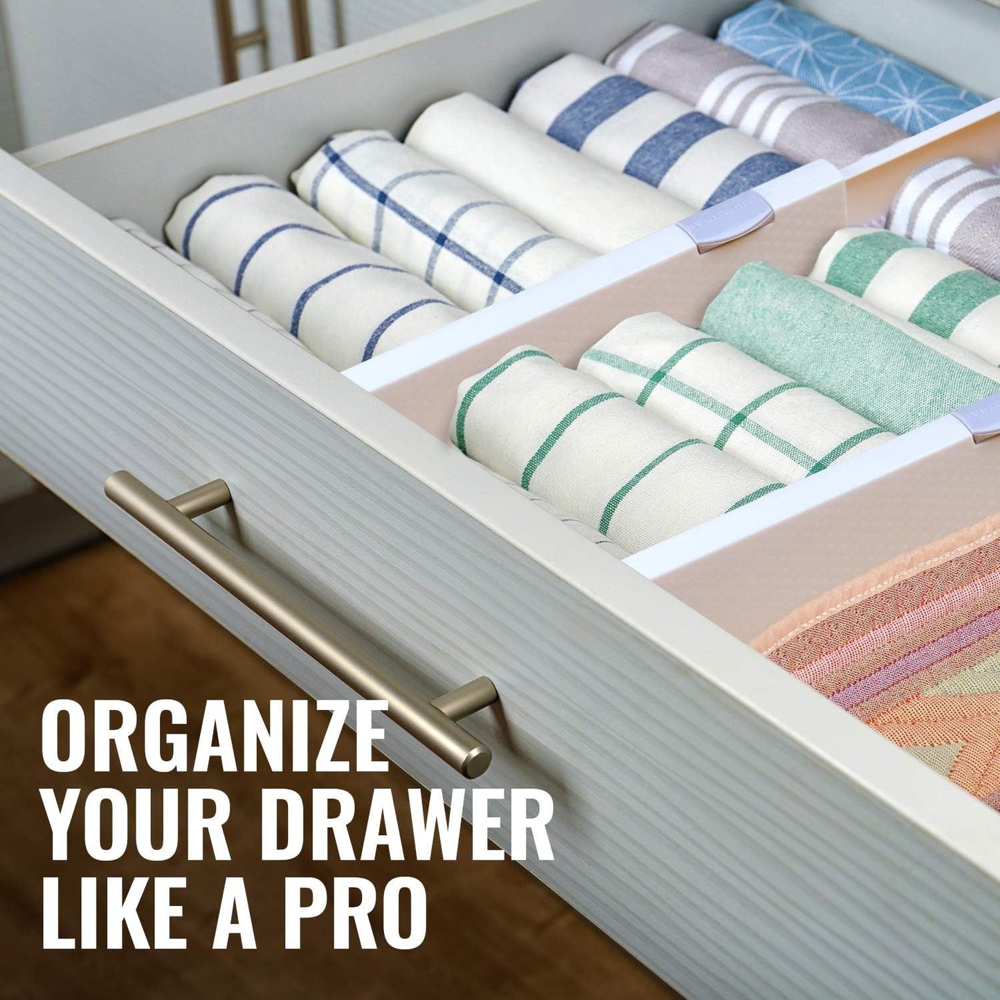 RAPTUROUS Adjustable Deep Drawer Divider – 5" Tall, Expandable 13-22", 4-Pack, Non-Slip Drawer Dividers for Clothes, Dresser, Kitchen & Office Organization (White)