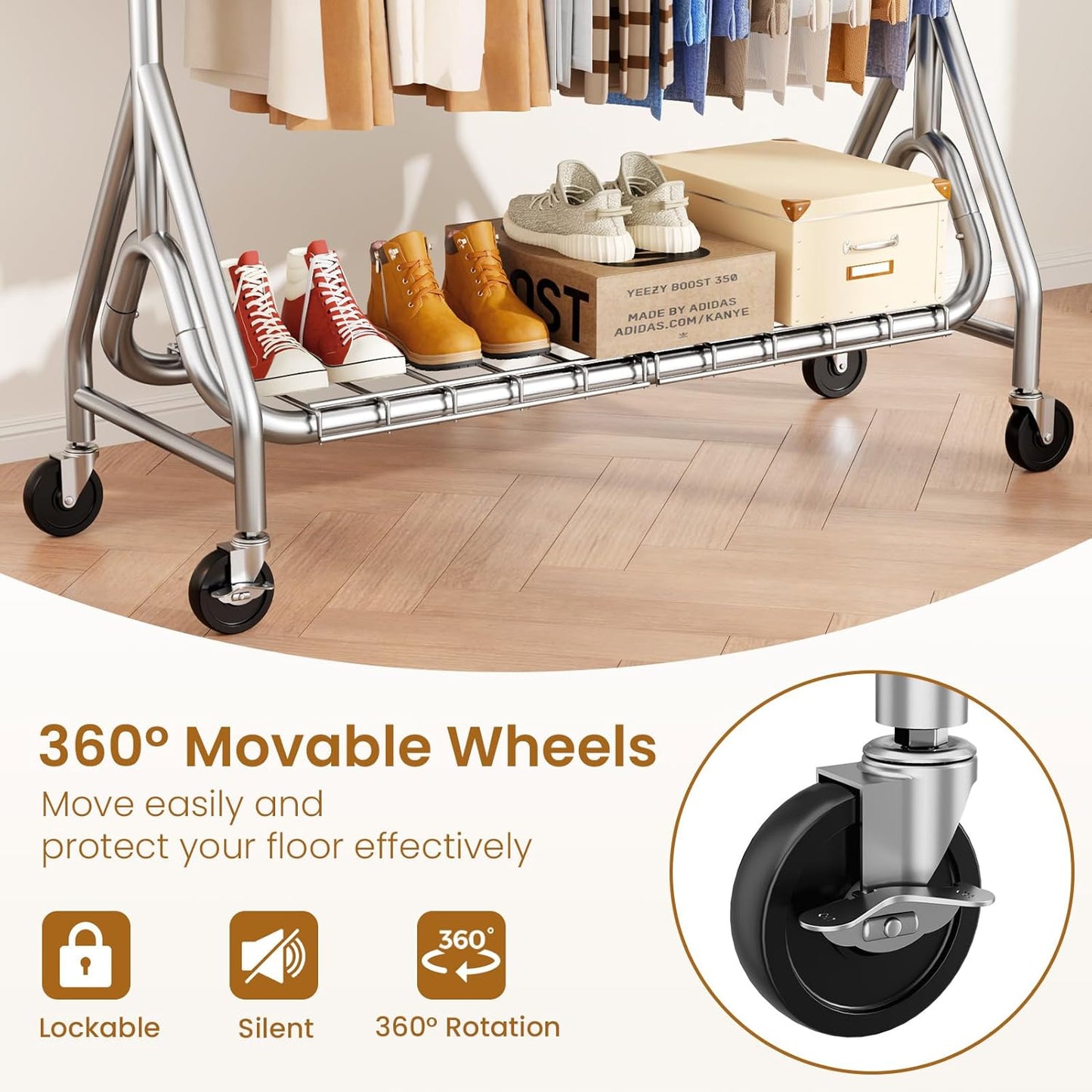 Double Rods Clothing Rack, Heavy Duty Clothes Rack for Hanging Clothes Load 560LBS, Metal Rolling Garment Racks with Wheels, Freestanding Clothes Hanging Racks, Silver - Lumora Desk