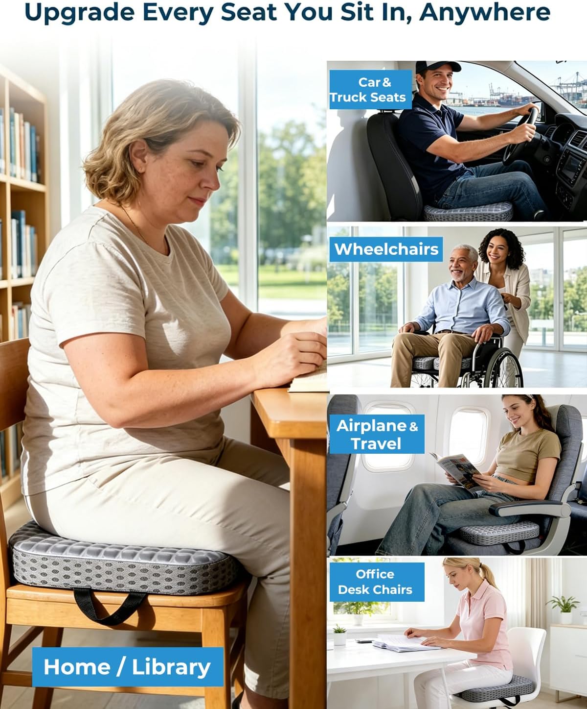 Premium Gel & Memory Foam Seat Cushion, Extra Large Cooling Portable Chair Pad for Long Sitting, Seat Cushion for Office Desk Chair, Car, Wheelchair, Airplane, Outdoor & Long Trips