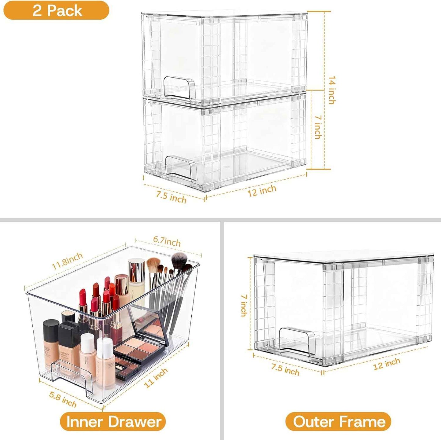 4 Pack Stackable Acrylic Storage Drawers – Clear Plastic Organizer Bins, Easy to Assemble, Suitable for Bathroom, Undersink, Kitchen, Pantry, Makeup, Medicine Organization
