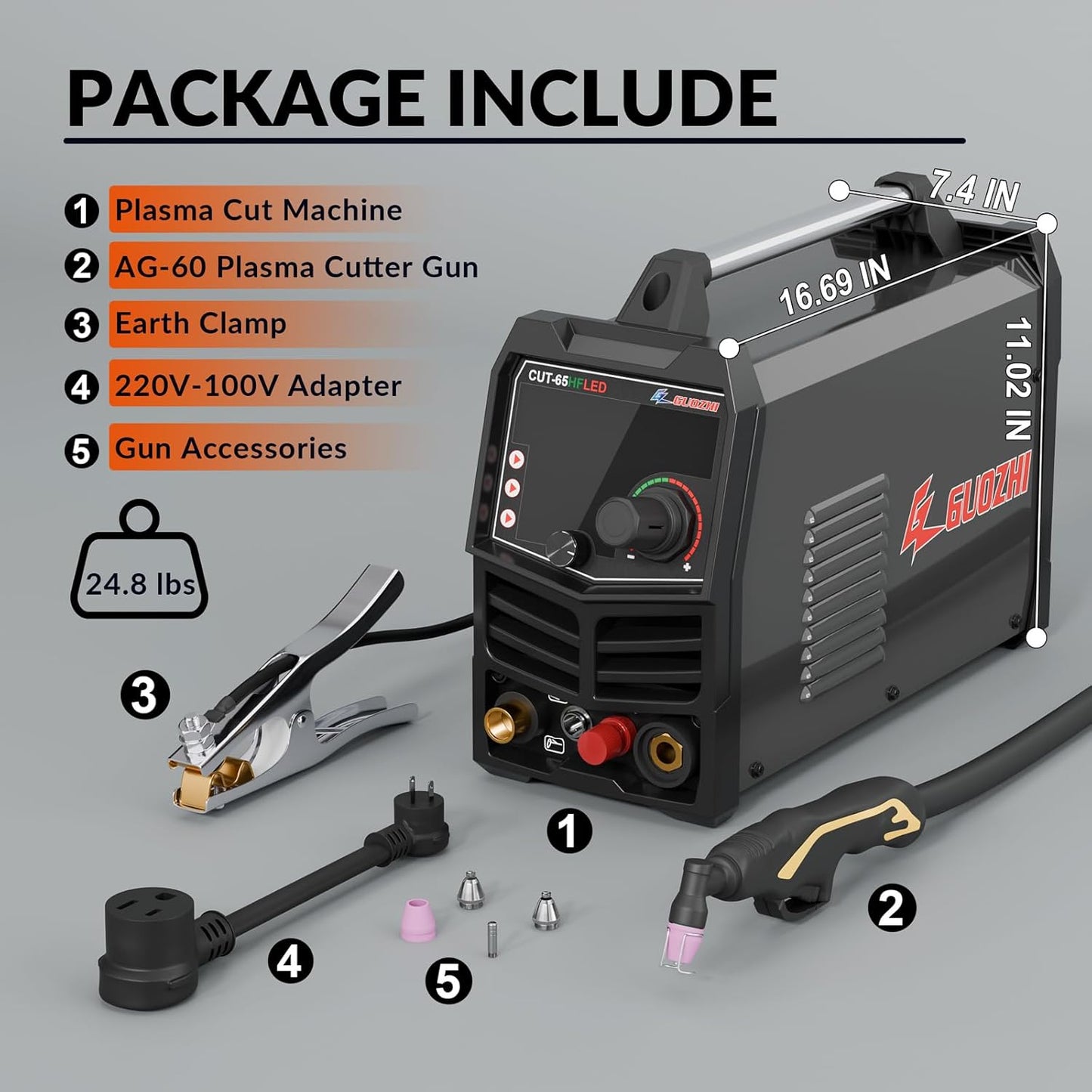 GZ GUOZHI Plasma Cutter 65Amp High Frequency Non-Touch Arc Digital Screen Display DC Inverter 110/220V Dual Voltage Blowback Plasma Cutting Machine CUT-65HFLED