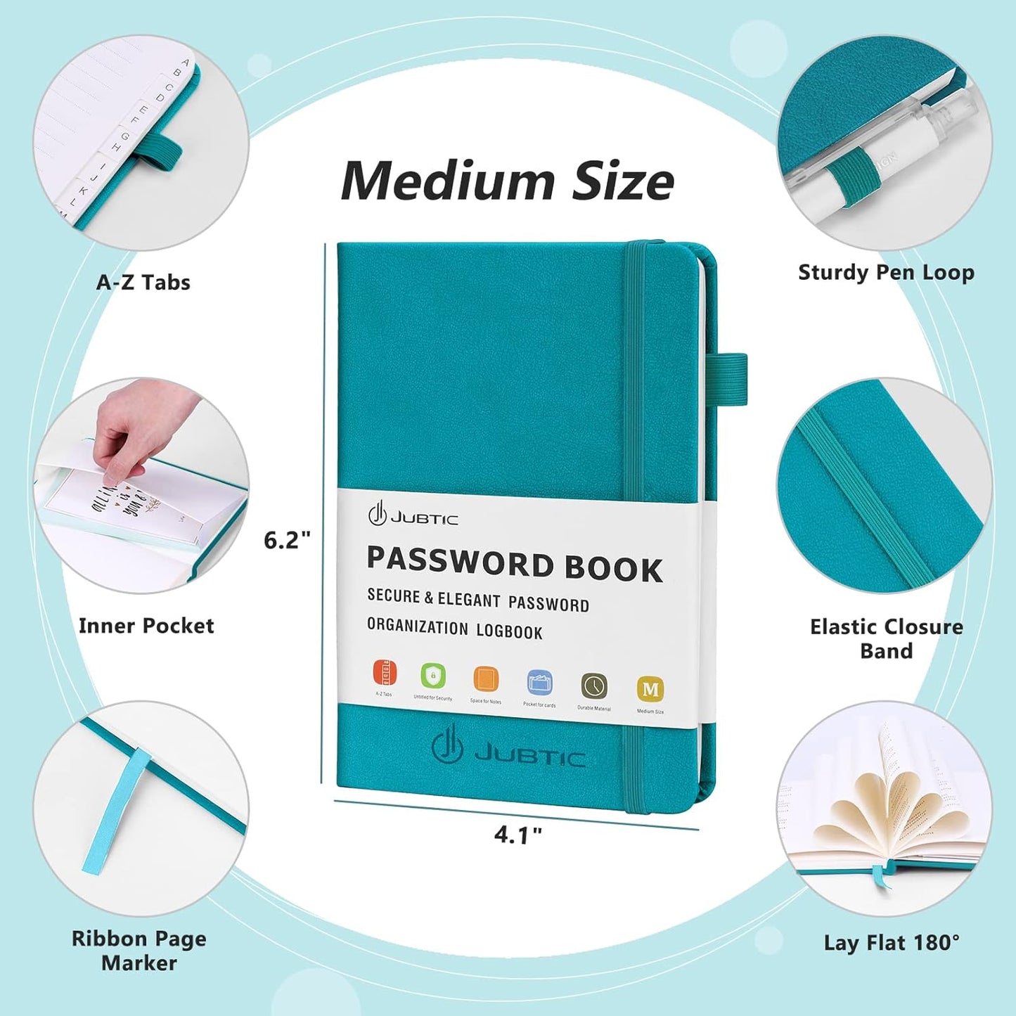 JUBTIC Password Book with Alphabetical Tabs. Medium Size Password Keeper Logbook for Internet Log in, Website Address. Hardcover Password Journal Notebook & Organizer for Home Office, Turquoise