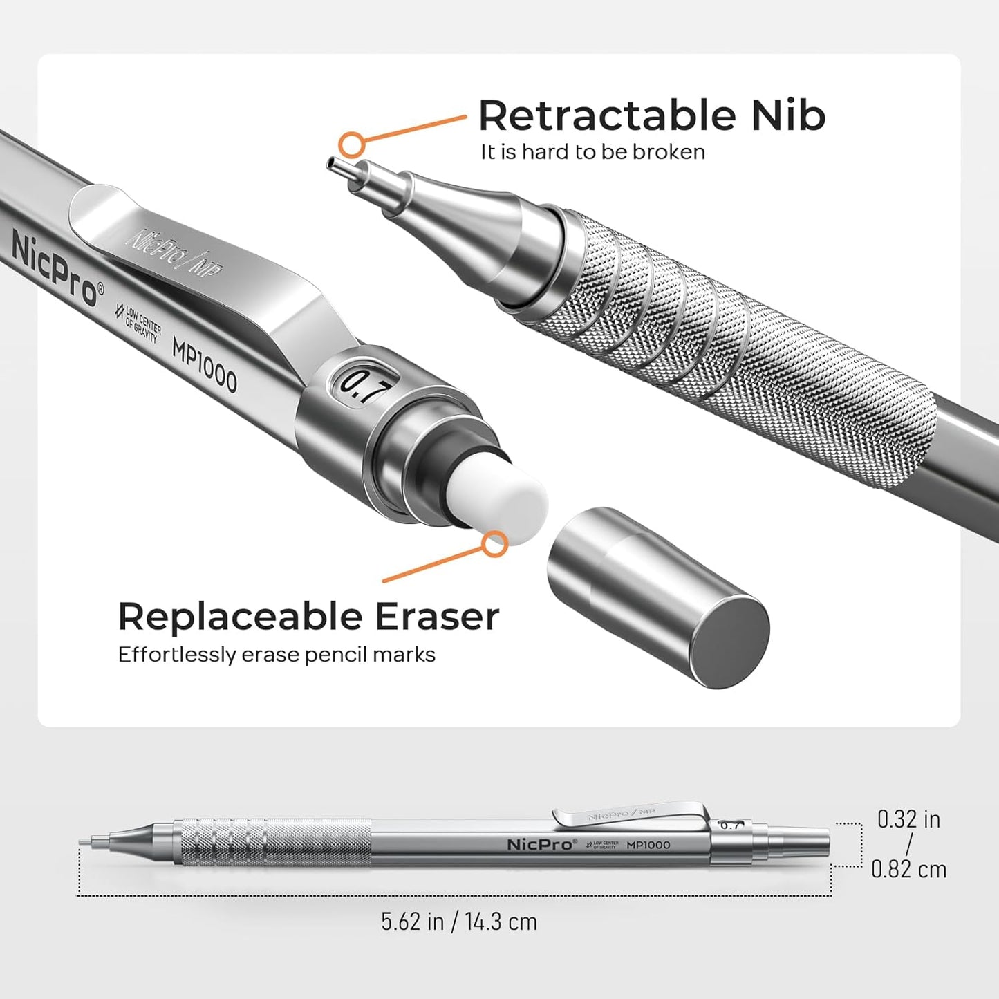 Nicpro 0.7 Metal Mechanical Pencil Set with Case, 3PCS MP1000 0.7mm Artist Lead Pencil With 8 Tube HB Refills, 3 Erasers, 9 Eraser Refill For Architect Art Drafting Drawing Engineering, Sketching