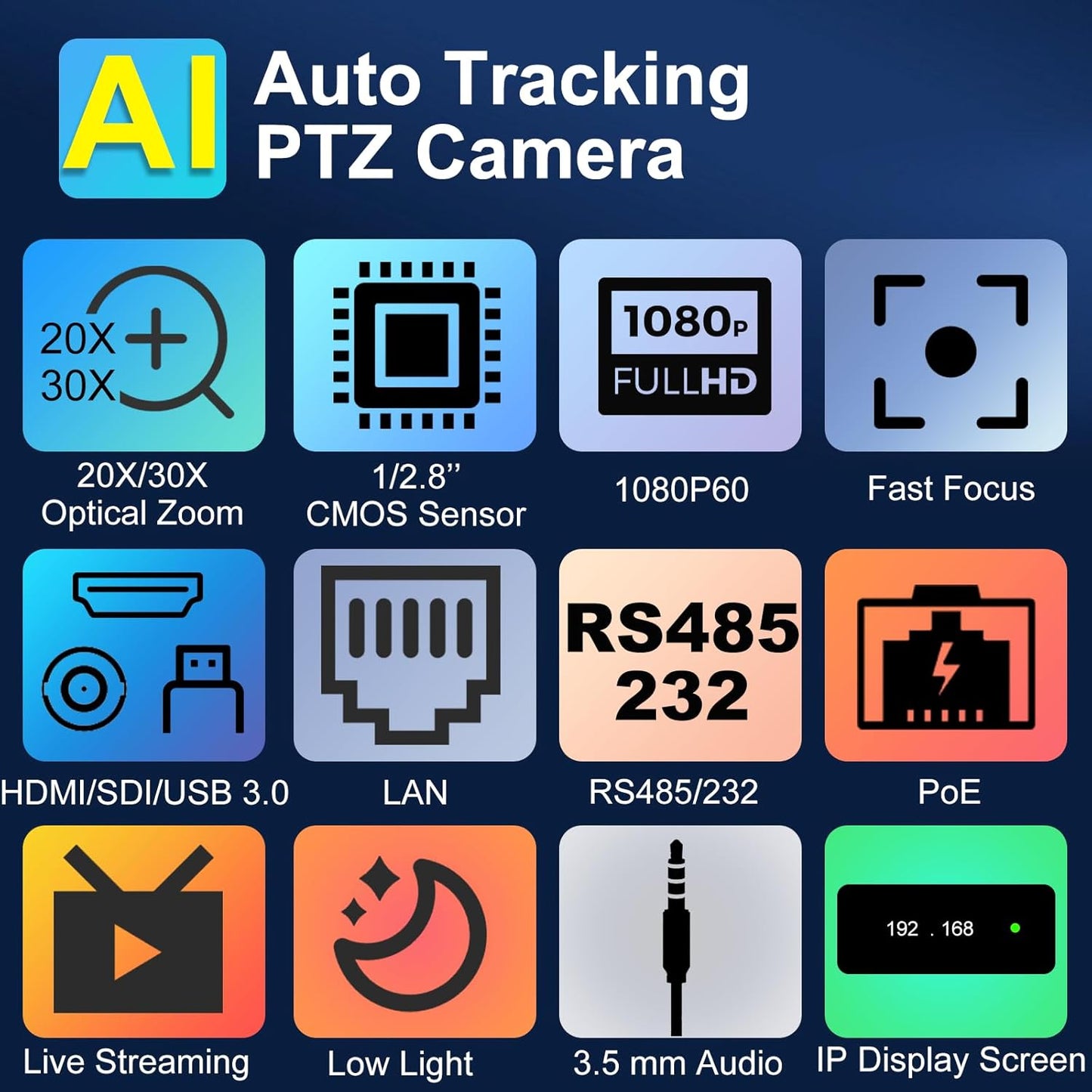 NDI PTZ Camera (Native NDI 6 Certified), AI Auto Tracking 1080P60 PoE, 20X Optical Zoom, 3G-SDI HDMI USB3.0 LAN, Live Streaming for Church Meeting Education Sport Hospital Wedding