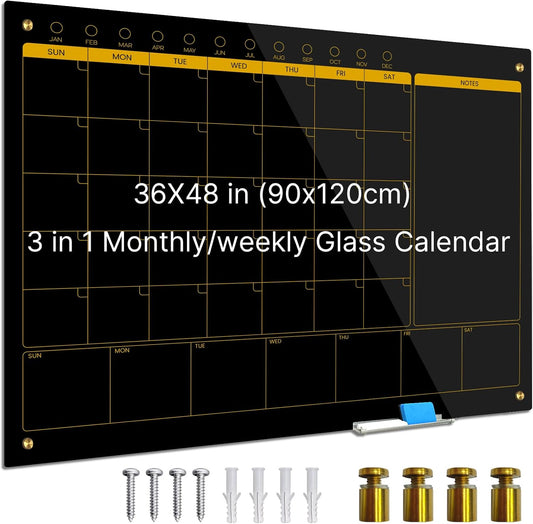 Magnetic Glass Planner Writeboard 36"X48" Monthly/Weekly 3 in 1 Calendar Premium Tempered Glass Dry Erase Boards Frameless Wall Mounted (Black)