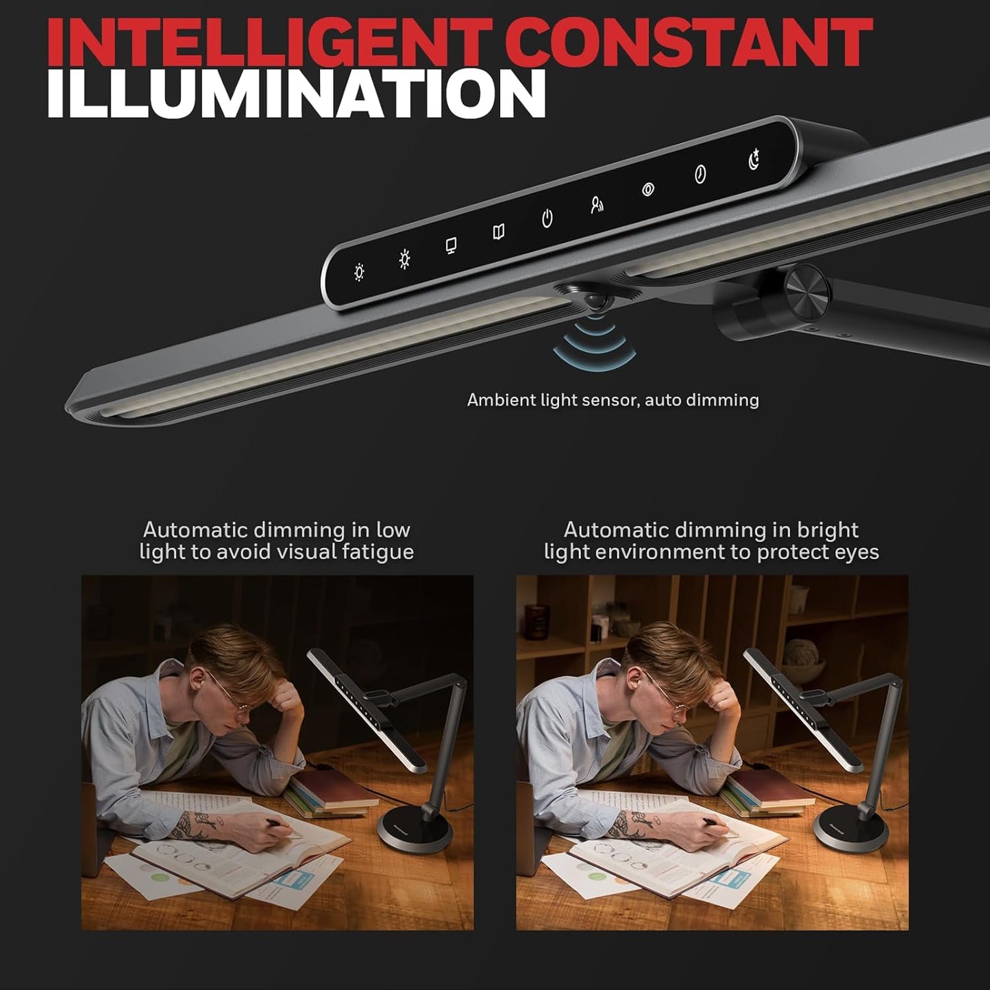 Honeywell Desk Lamp for Home Office, H9 Sunturalux™ Eye-Caring LED Desk Light, 1000LM Dimmable Desk Lamp with Timer and Auto-Sensing, Adjustable Desk Reading Light or Study, Cumputer, Architect - Lumora Desk