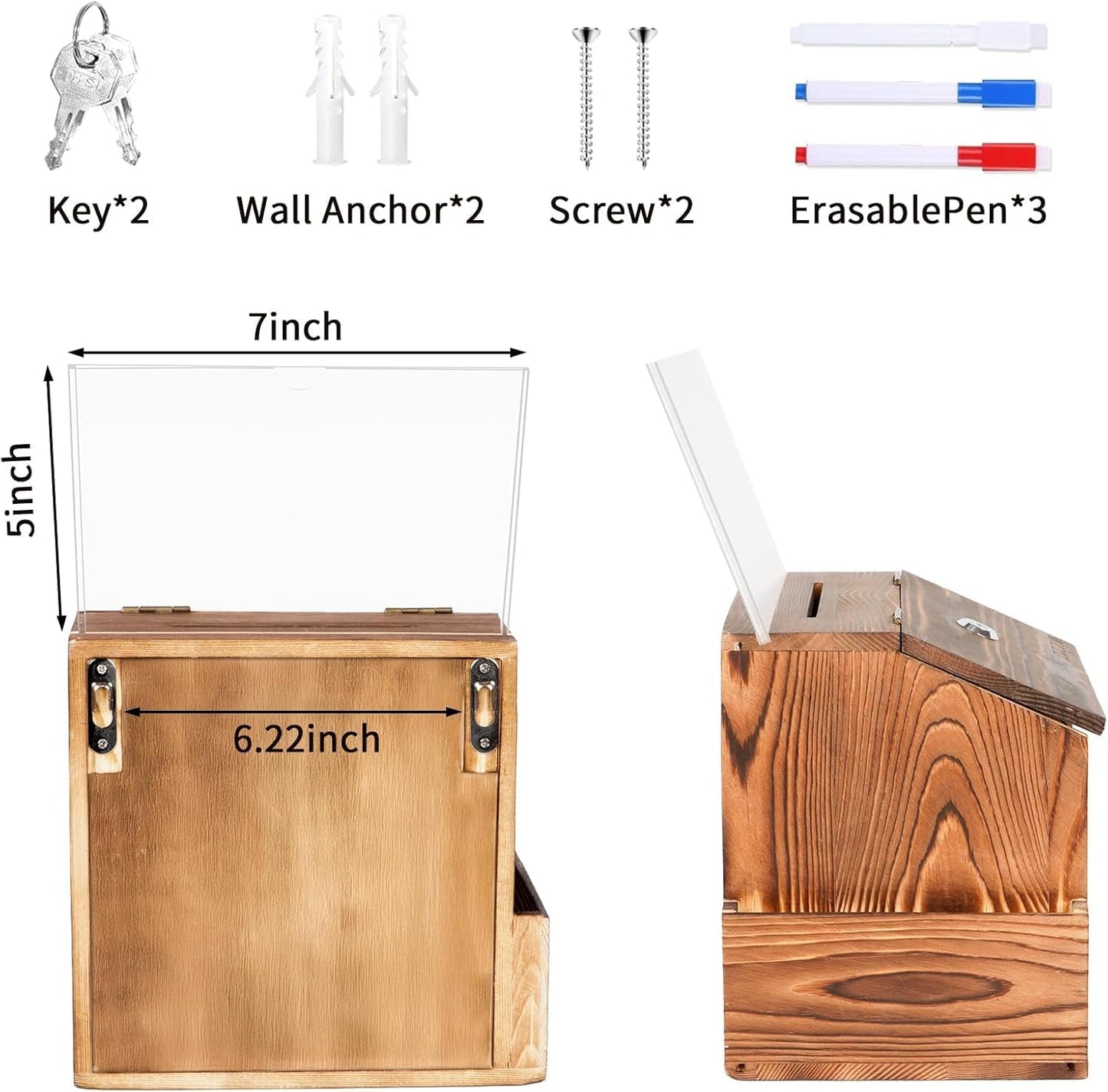 Wood Suggestion Box with Lock & Keys, Locking Donation Box with Removable Chalkboard & Acrylic Sign Holder - Wall Mounted Prayer/Comment Boxes for Church, Office, Wedding