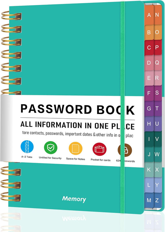 Spiral Password Book with Alphabetical Tabs - 5.8" X 8.2" Small Password Keeper Book with Inner Pocket for Seniors , Large Print, Hardcover, 450 Logins – Internet Password Organizer Notebook for Home & Office Use