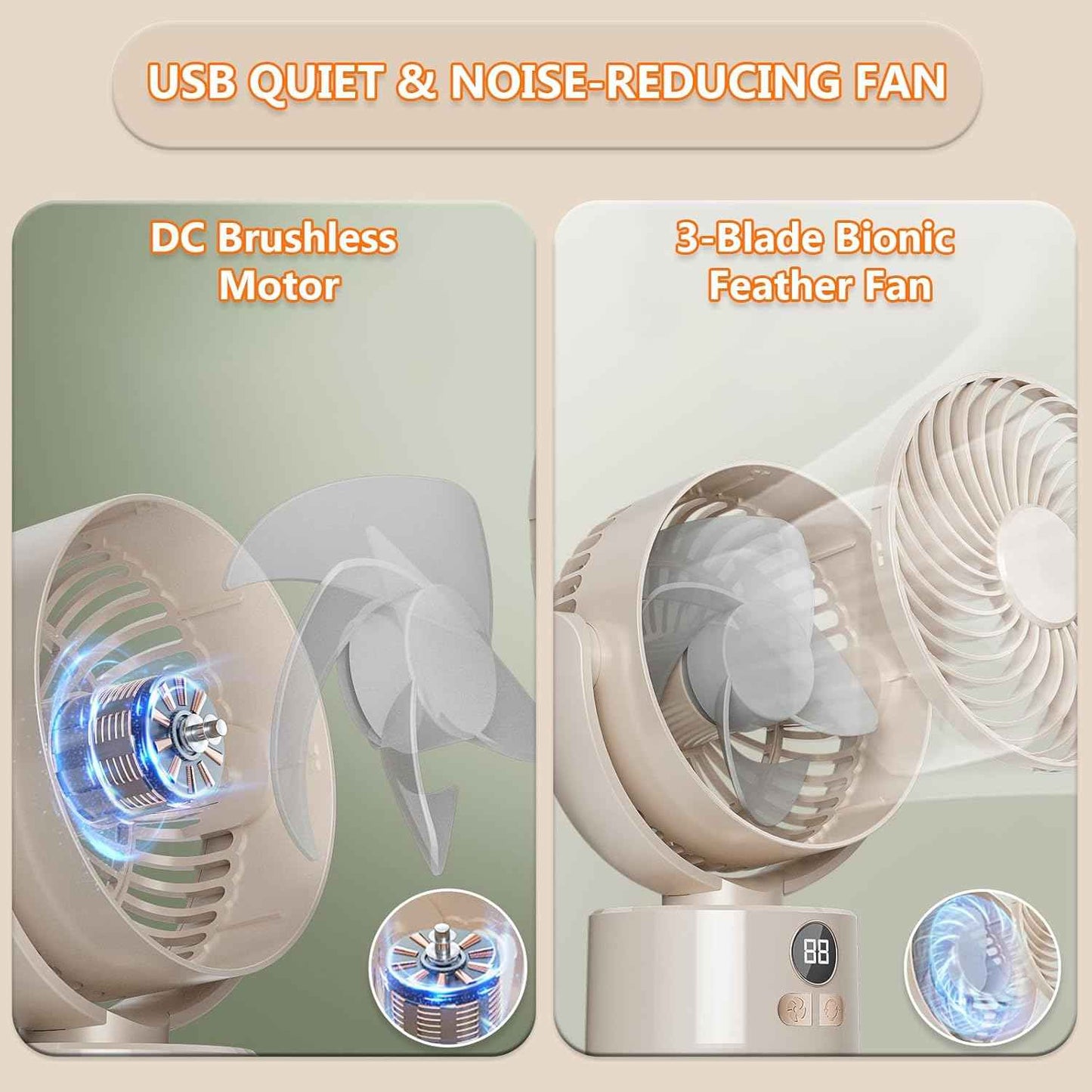 3-Speed USB Desktop Fan with 3600mAh Battery | Quiet Bionic Feather Blades, 140° Tilt & Auto Shake | Portable Cooling for Home, Office Fan, Camping (Beige)