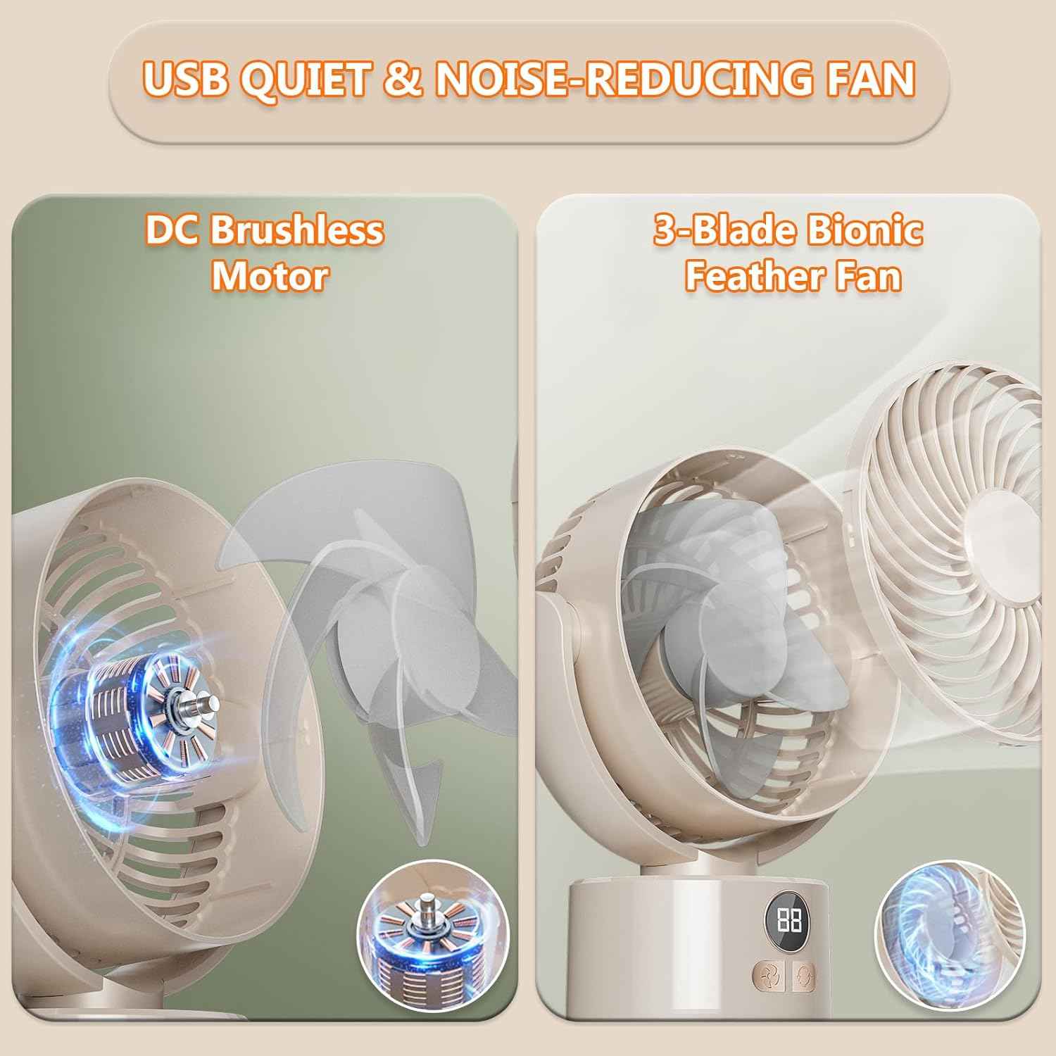 3-Speed USB Desktop Fan with 3600mAh Battery | Quiet Bionic Feather Blades, 140° Tilt & Auto Shake | Portable Cooling for Home, Office Fan, Camping (Beige)
