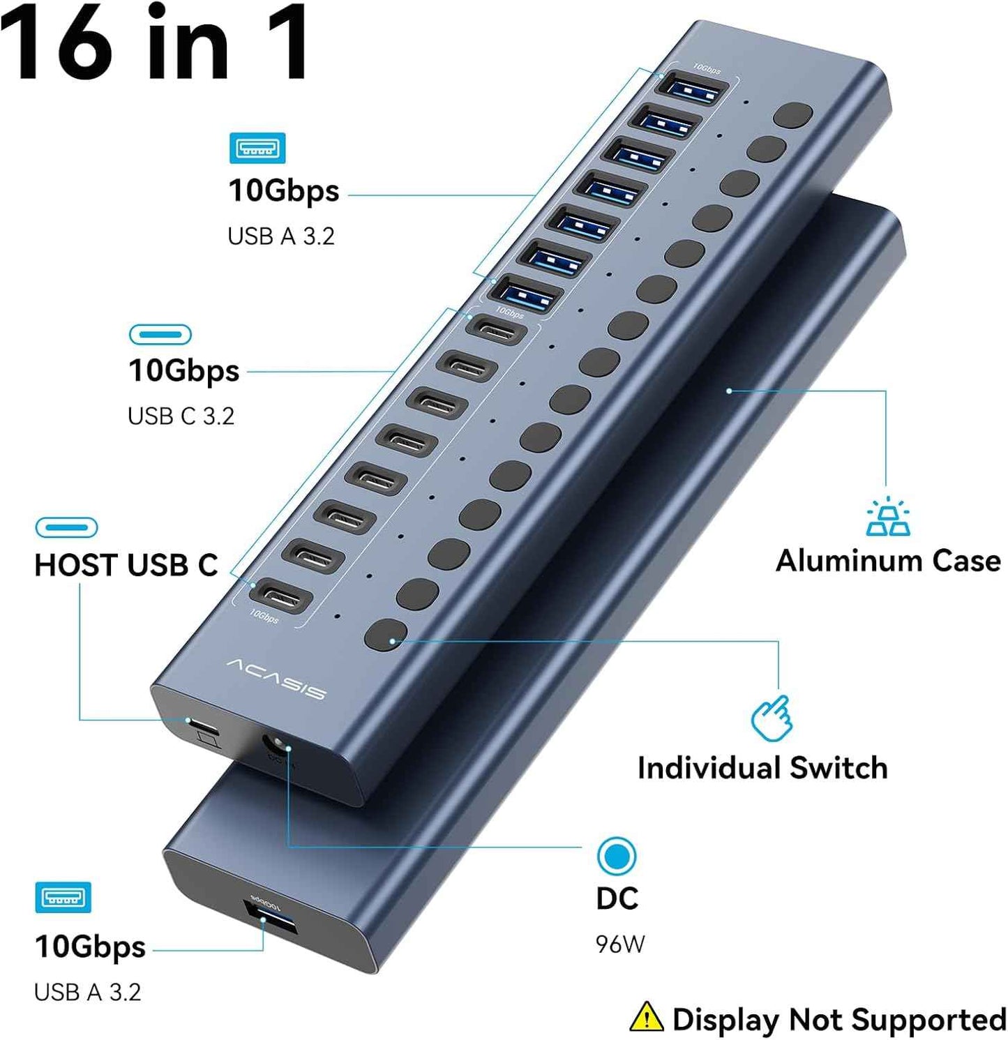 Powered USB 3.2 Hub, ACASIS 16 Ports USB 3.2 Hub(8 USB-A 3.2 Ports+8 USB-C 3.2 Ports), Aluminum USB Hub Powered with 96W Power Adapter, USB Hub for PC/Laptop, Computer, Flash Drive, Printer, Camera