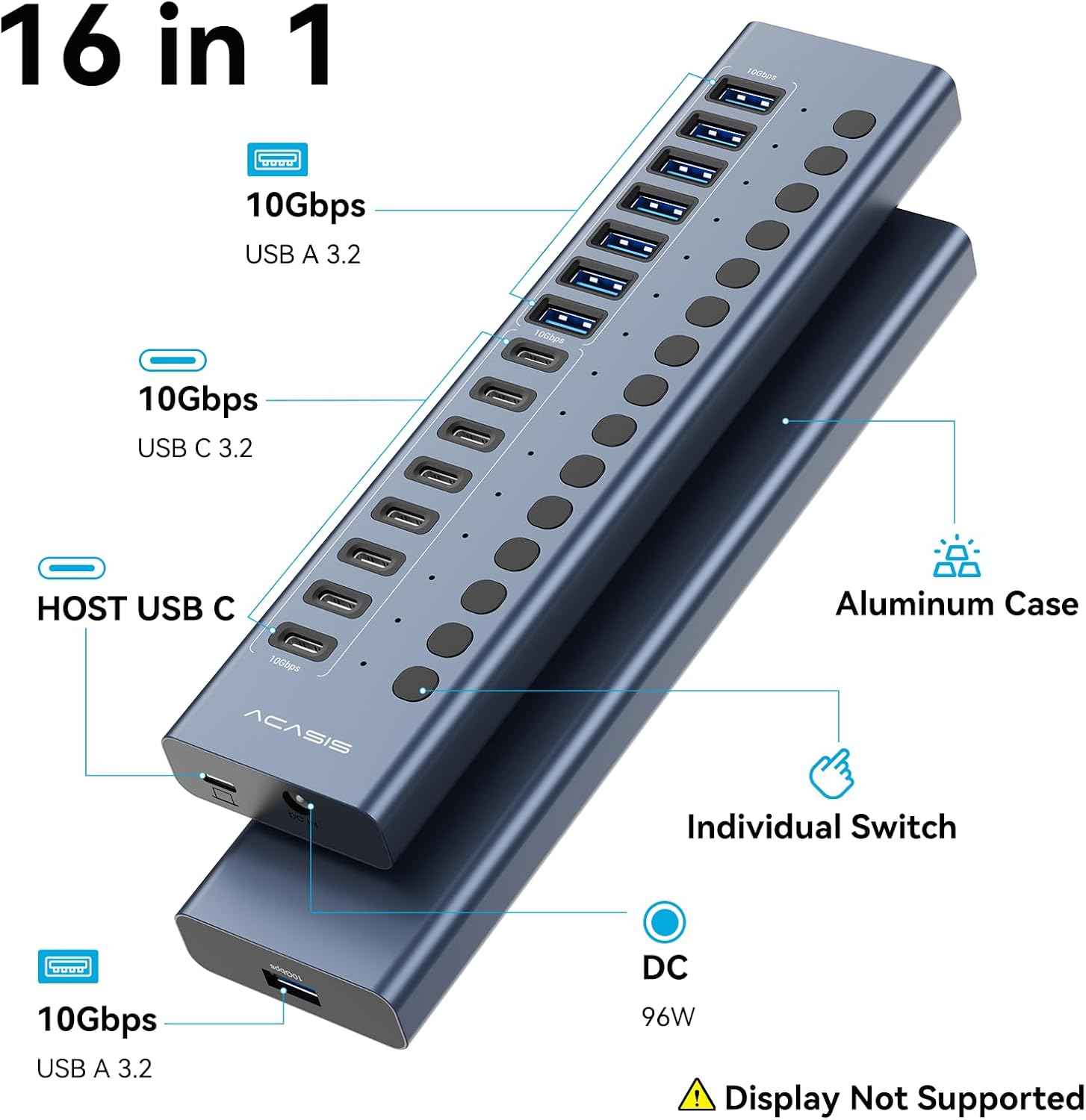 Powered USB 3.2 Hub, ACASIS 16 Ports USB 3.2 Hub(8 USB-A 3.2 Ports+8 USB-C 3.2 Ports), Aluminum USB Hub Powered with 96W Power Adapter, USB Hub for PC/Laptop, Computer, Flash Drive, Printer, Camera