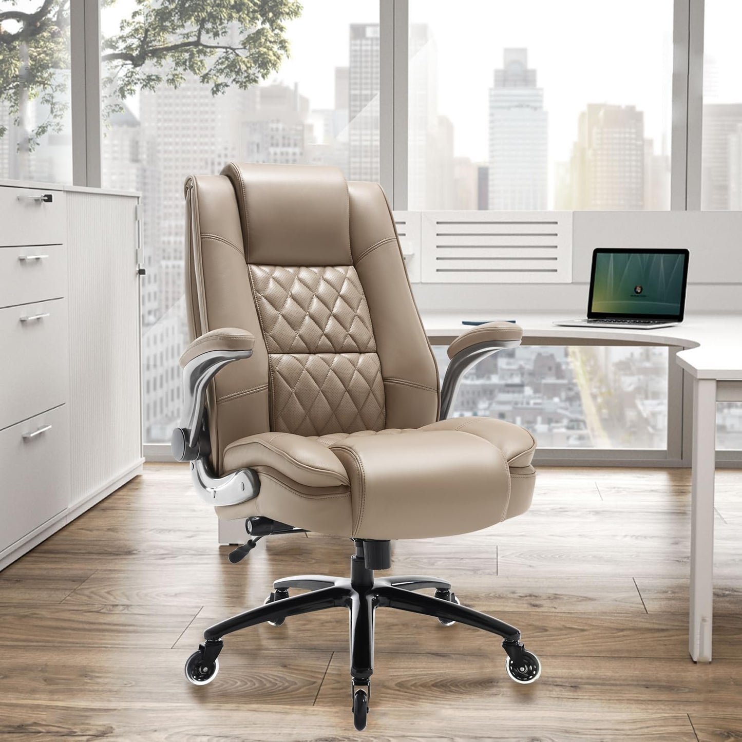 EZAKI High Back Office Chair-Flip-up Arms Executive Computer Desk Chair, Built-in Lumbar Support Thick Padded Adjustable Rock Tension Ergonomic Design for Back Pain