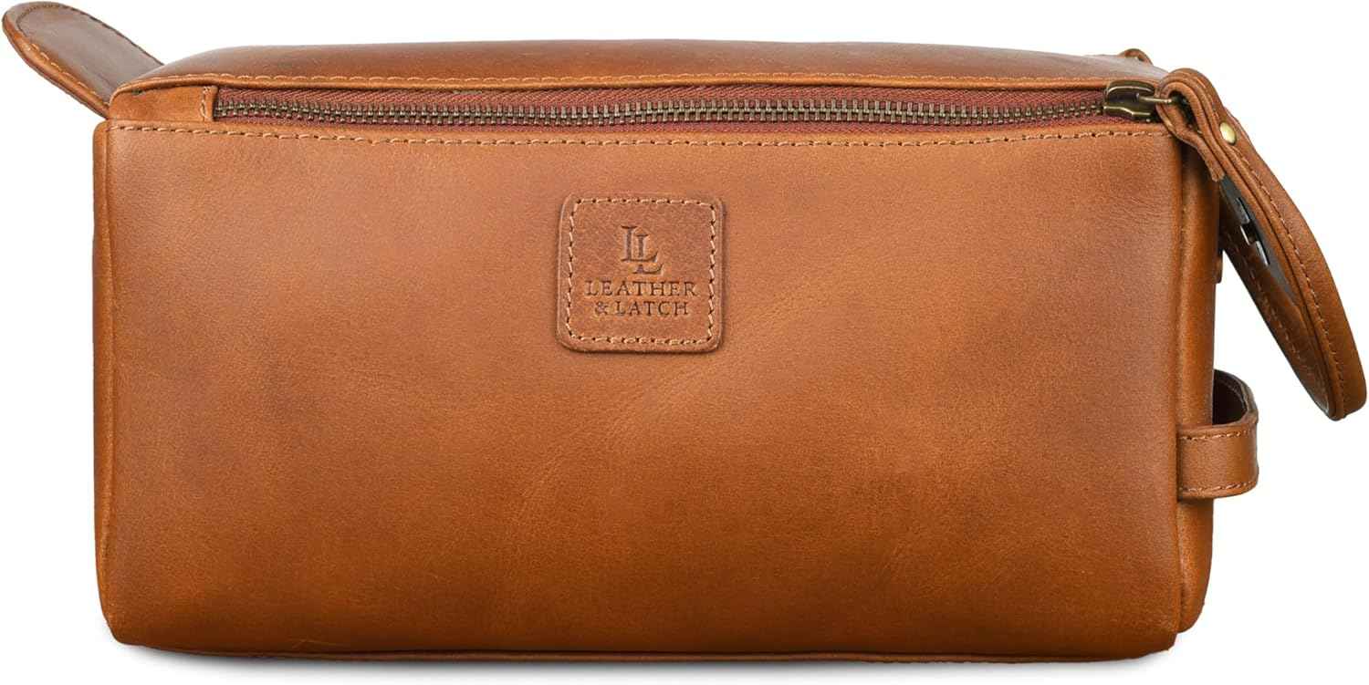 Full Grain Leather Toiletry Kit for Men & Women – Travel Toiletries & Shaving Bag Organizer, Water-Resistant Grooming Case for Bathroom, Makeup & Cosmetic Storage - Cognac Brown
