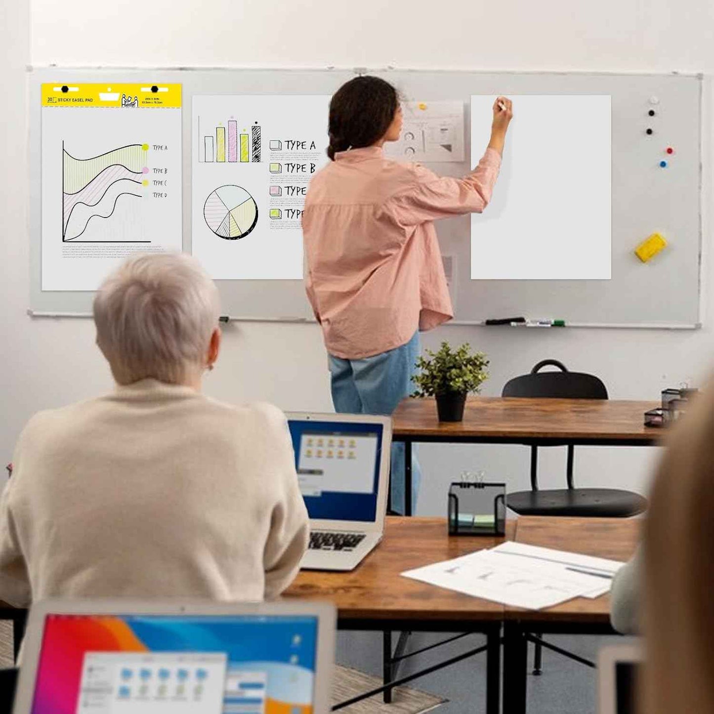 Sticky Easel Pad, Flip Chart Paper for Teachers 25 x 30 Inches, Super Sticky Bleed Resistant, Large White Premium Self Stick Easel Paper, 30 Sheets/Pad, 2 Pads