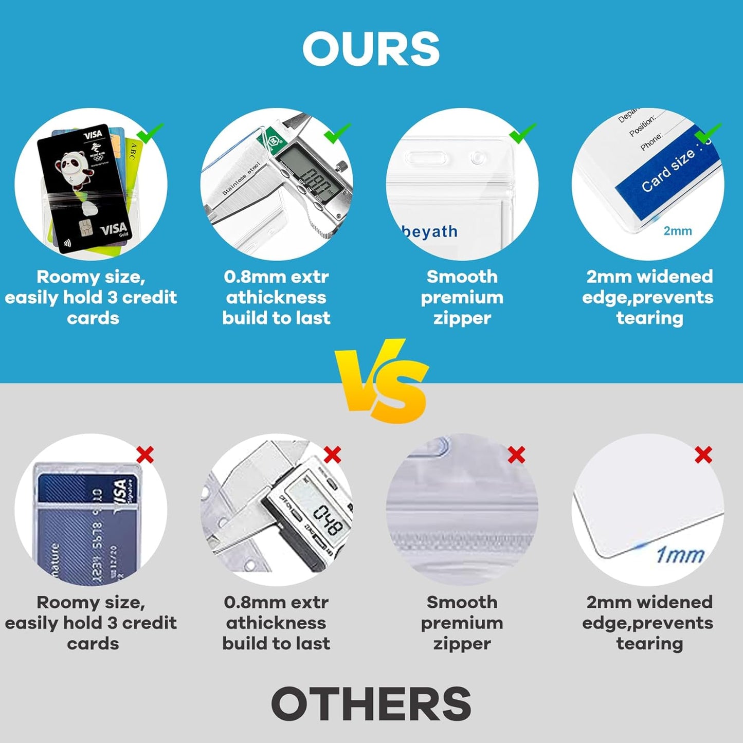 100 Pack Extra Thick ID Card Name Badge Holder Heavy Duty Waterproof Clear Plastic PVC Horizontal Sleeve Pocket Resealable