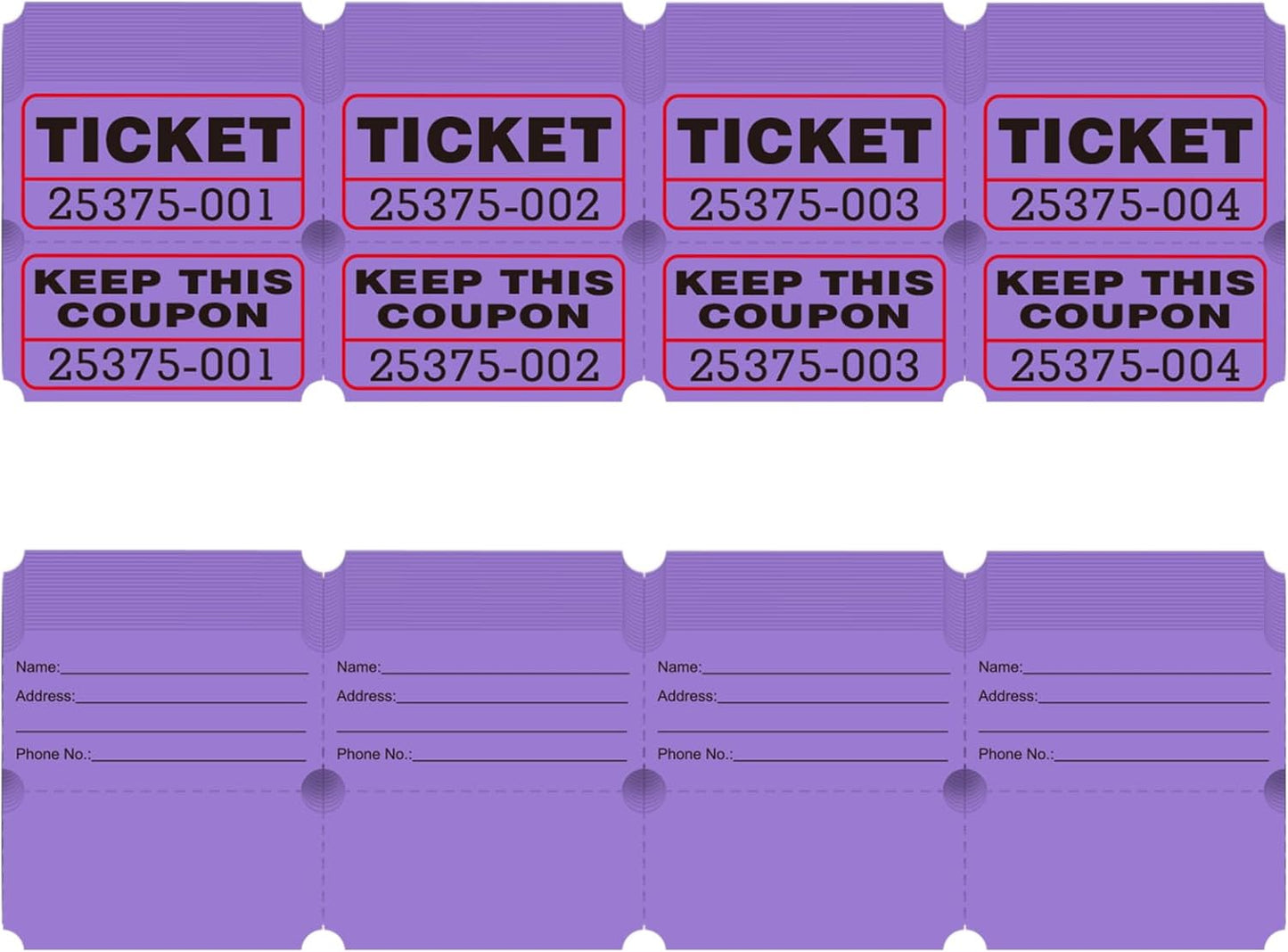 DGBDPACK 100 Raffle Tickets, 50/50 Double Ticket, Bold Numbers for Easy Reading, Ticket for Events, Entry, Class Reward & Prizes -Purple