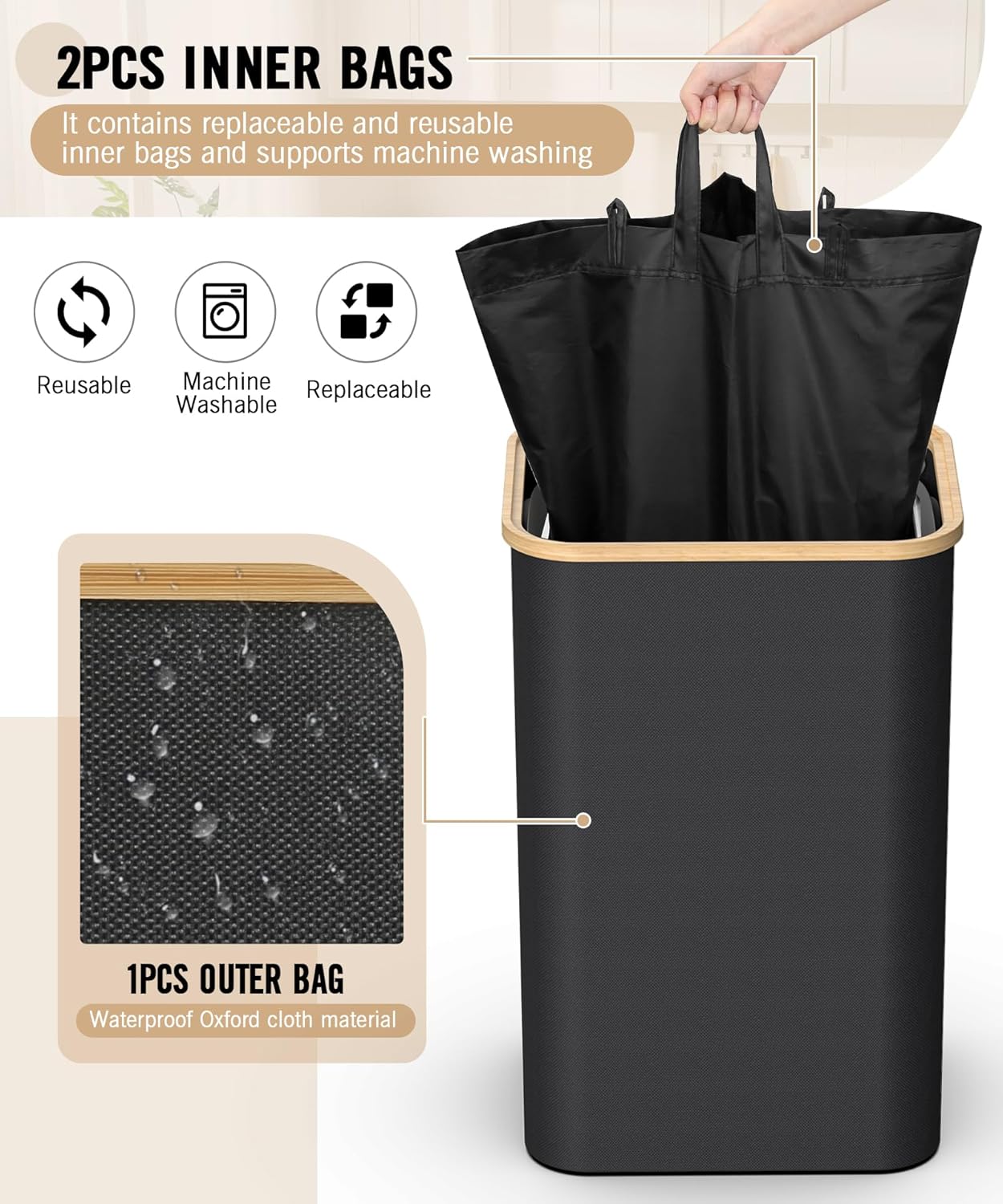 Recycling Bins for Kitchen, 26 Gallon (100L) Recycle Bin with Bamboo lid, Indoor Oxford Fabric Recycling Trash Can with 2pcs Removeable and Reusable Inner Bags for Bottle Can Glass Plastice, Black