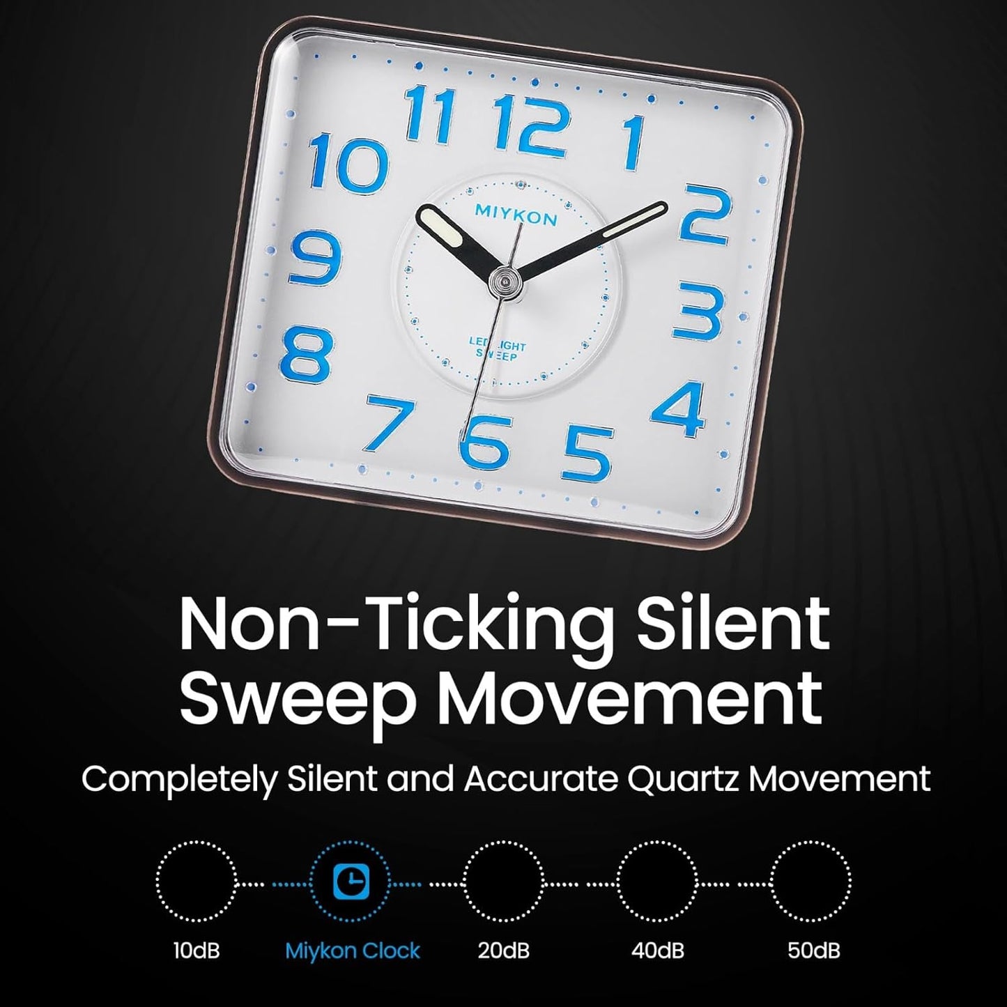 Miykon Small Square Analog Alarm Clock – Silent Non-Ticking, Battery Operated with LED Light & Snooze – Desk, Table, Travel or Bedside Clock for Bedroom, Office, Bathroom – Black 4 Inch