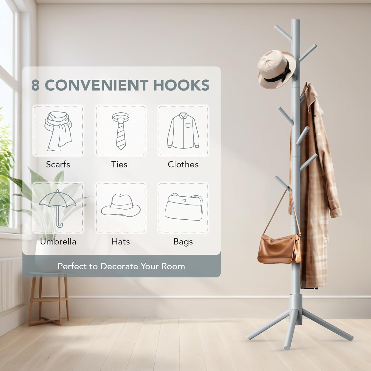 Wooden Tree Coat Rack Stand,Sturdy Freestanding Coat Rack with 8 Hooks,3 Adjustable Height for Child Adult,Wood Coat Stand Tree Fits Entryway Bedroom Office for Bags,Hats - Lumora Desk