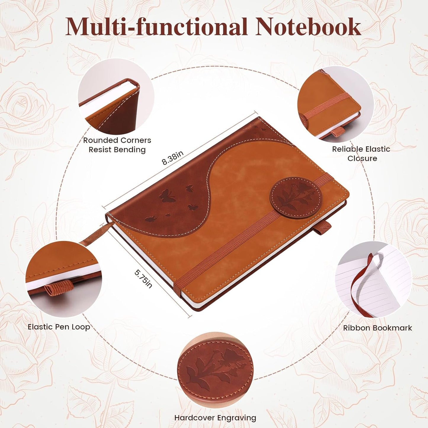 Lined Journal Notebook, A5 Hardcover Leather Journal for Men Women, 200 Pages 100 GSM Thick Paper, Journaling Notebooks for Work School Travel Note Taking, Brown