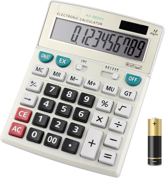 Large Computer Electronic Calculator Counter Solar & Battery Power 12 Digit Display Multi-Functional Big Button for Business Office School Calculating (HY-9800v)