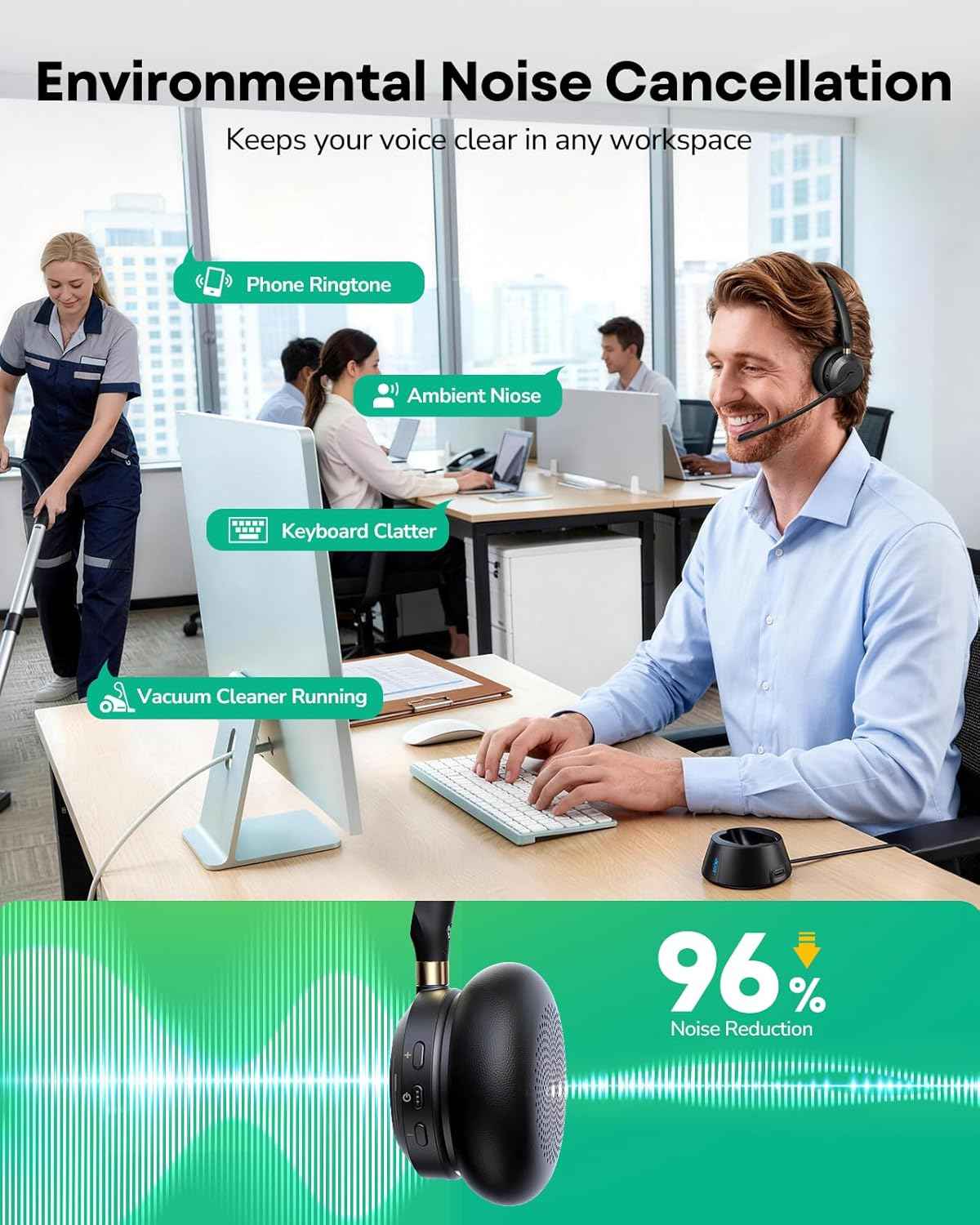 Wireless Headset with Mic for Work, AI ENC Noise Cancelling for Clear Call & Meeting, Single Ear Work Headset with Charge Stand for Remote & Office. Bluetooth 5.3 & USB 2.4G Dongle for Zoom & Teams
