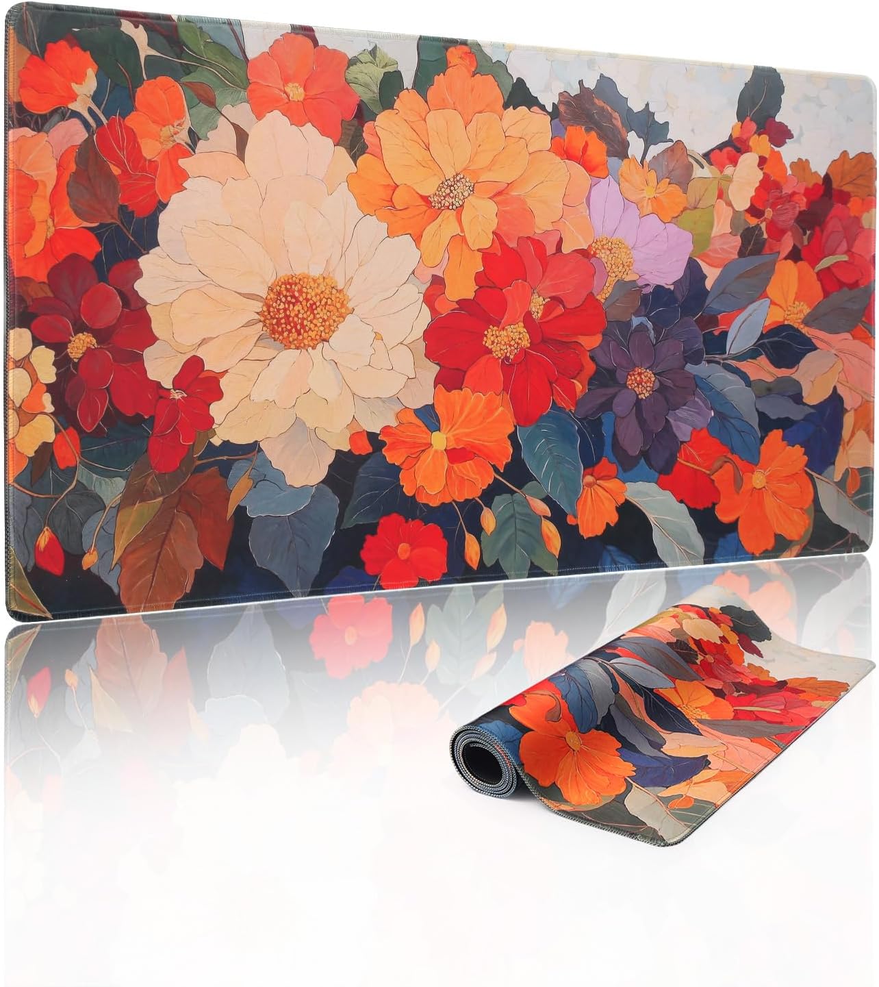 Desk Pad, Floral Desk mat, XXL Gaming Mouse pad, Mouse pad with Stitched Edges and Rubber Base,Large Mouse mat for Computer, Suitable for Home, Gaming and Office Keyboard Mouse Pads，Blooming Flowers