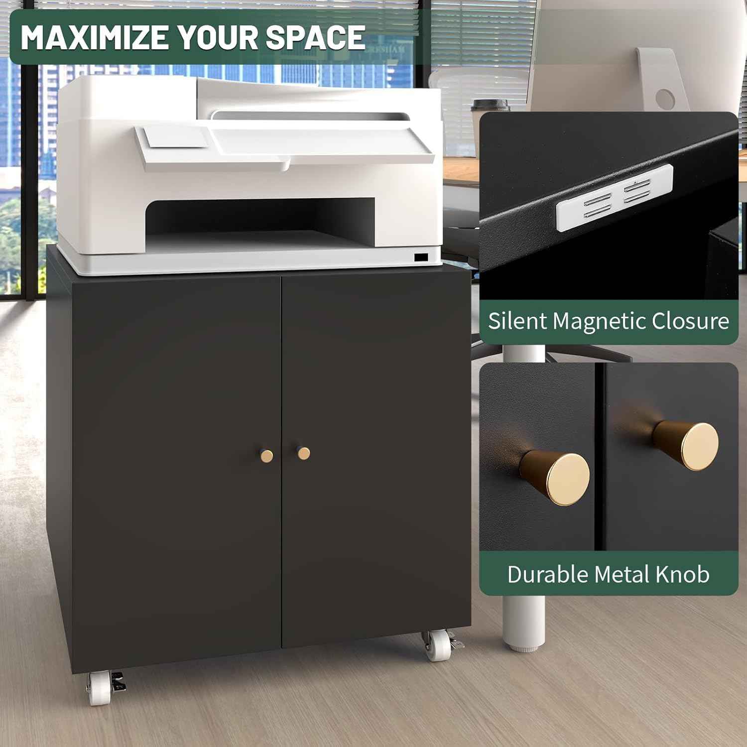 Printer Stand with Storage Cabinet with Wheels,3D Heavy Duty Metal Large Printer Table with Adjustable Shelf for Home Office, Mobile Printer Cart,Black,23.6" H