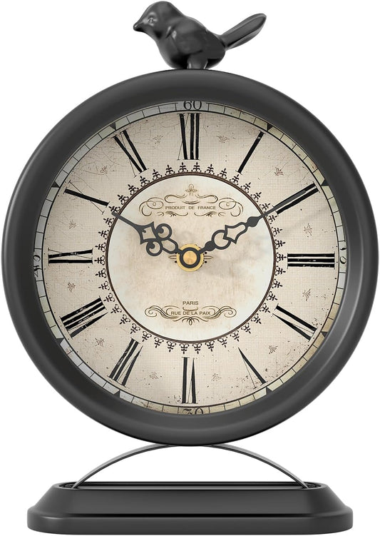 Vintage Table Clock with Bird, European Antique Style Black Mantel Clocks, Desk and Shelf Decor Clock, for Farmhouse, Bedside, Living Room, Bedroom, Gift (9" H x 6.5" W)