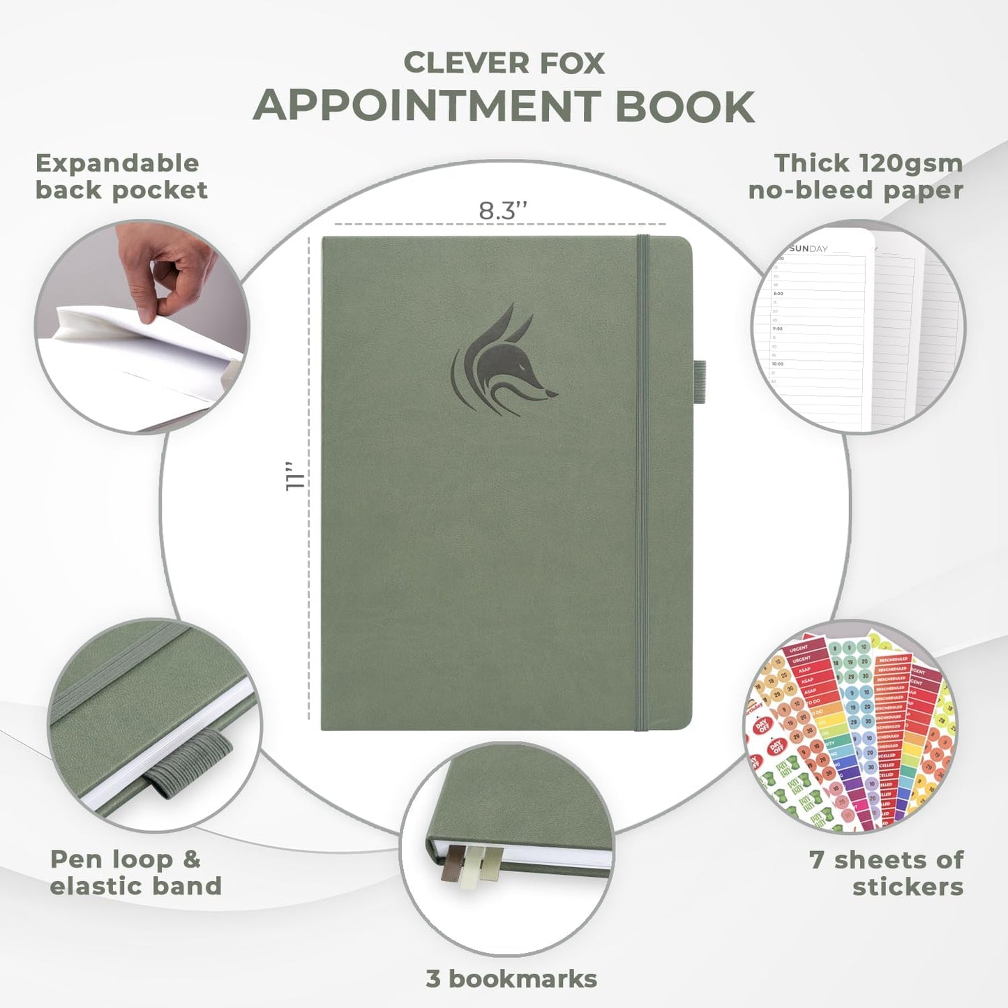 Clever Fox Appointment Book – Hourly Schedule Planner with 15-Minute Increments – Time Box Planner for Daily Work & To-Dos – Weekly & Monthly Spreads, Undated, Hardcover, 8.3x11″ (Cypress)