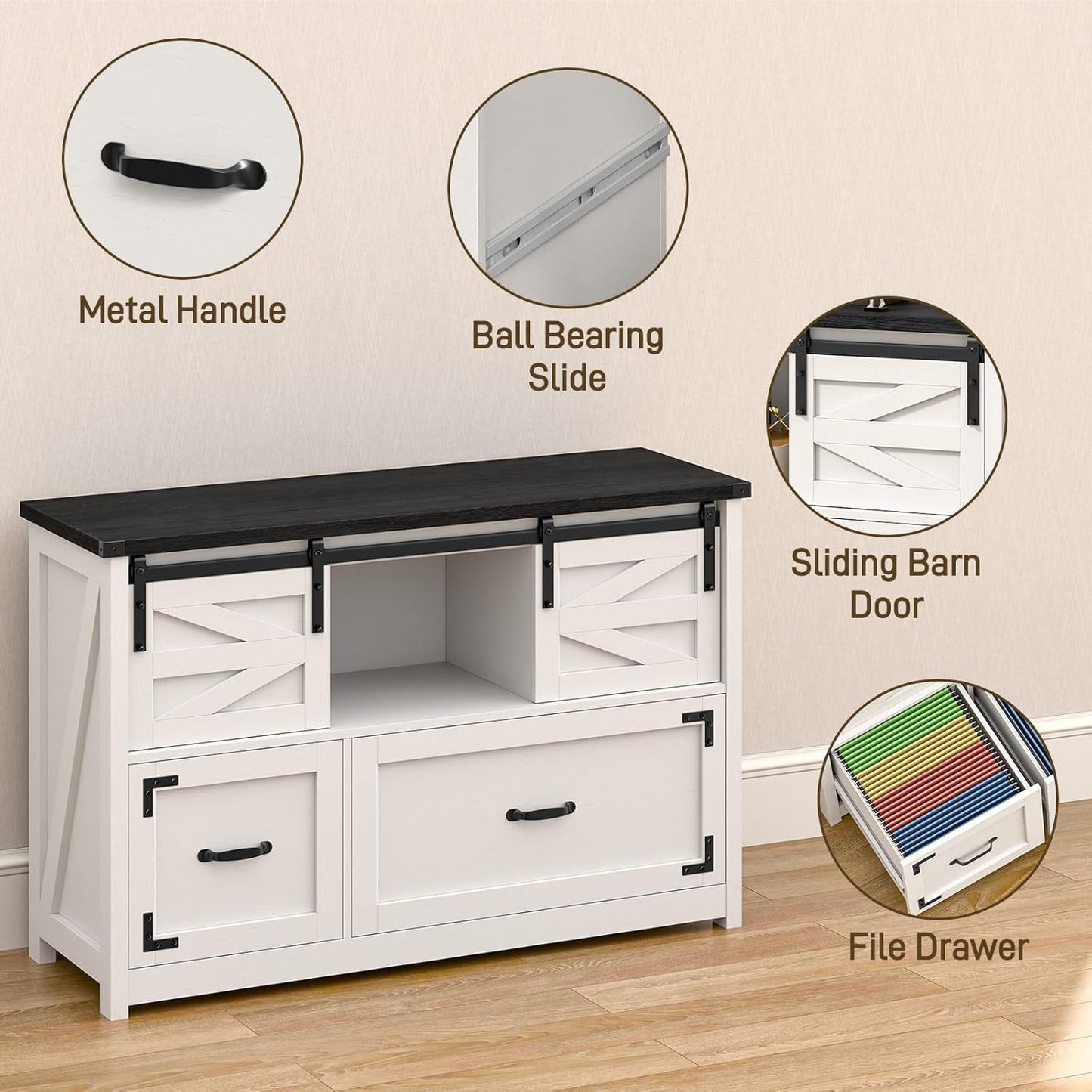 Lateral File Cabinets 2 Drawer with Sliding Barn Doors, Farmhouse Filing Cabinet with 2 Drawer for Home Office，Filing Organization Storage Cabinets for Hanging Files Letter/Legal/F4/A4.(Black.)