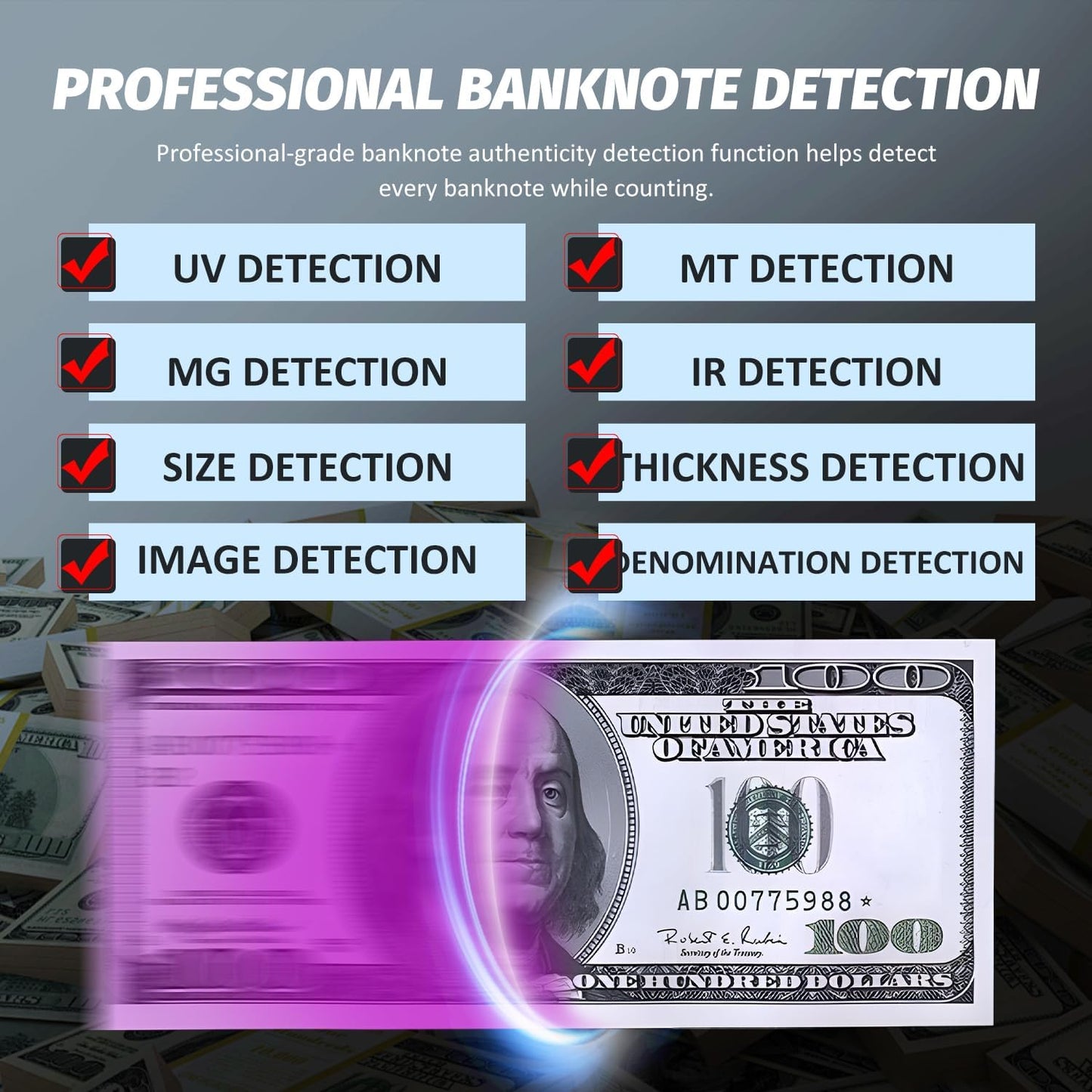 Money Counter Machine Mixed Denomination with Value Count, Touch Screen with 5 Currencies Suitable, MT/UV/MG/IR Counterfeit Bill Detection, 6 Modes Available Cash Counter with LCD Display