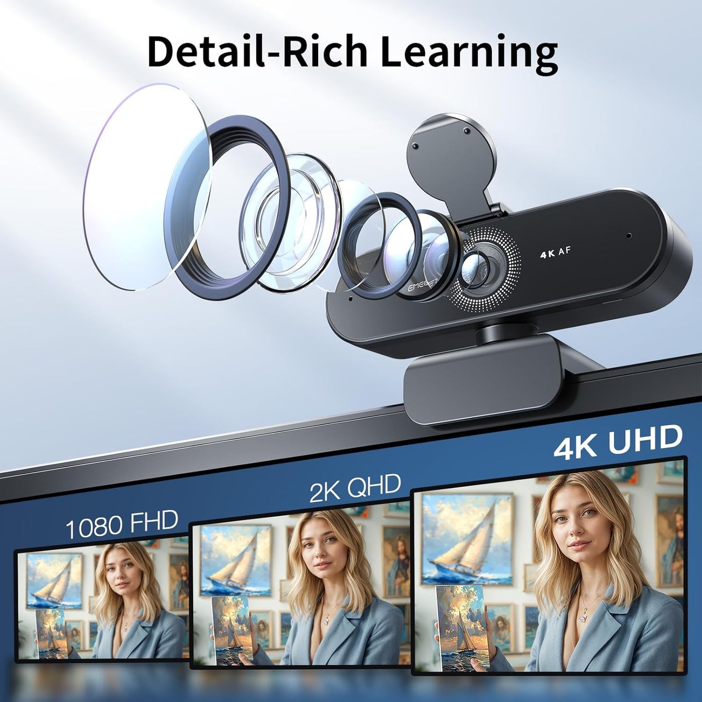 EMEET NOVA 4K Webcam with Tripod - 4K UHD, PDAF Autofocus, Adjustable Heights with 360° Swivel Head, 2 Noise-Cancelling Mics, USB Plug&Play, Privacy Cover, Ideal for Online Meetings&Live Streaming
