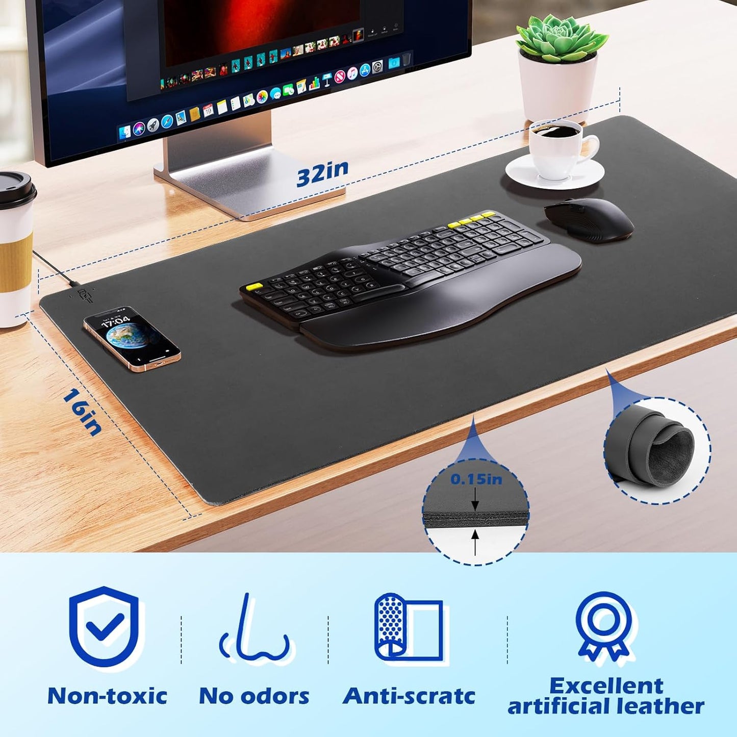 Wireless Charging Desk Mat with Desk Pad for Desktop Charging Large Mouse Pad Waterproof Leather Computer Mat Mouse Pad Non-Slip Protector on Top of Desks for Keyboard and Mouse (black-l, 32*16inch)